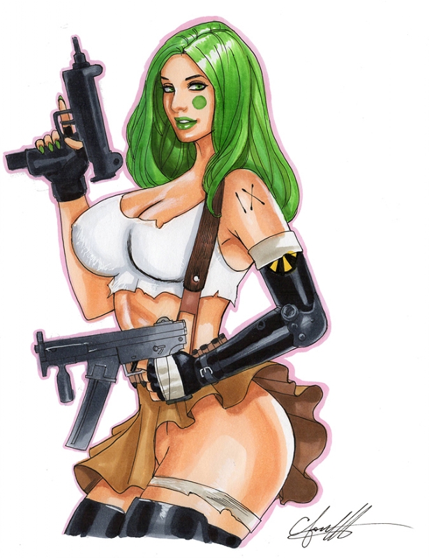 1girls aphrodite_ix aphrodite_ix_(series) chris_foulkes curvaceous curvy curvy_female curvy_figure female female_only green_hair gun hourglass_figure light-skinned_female light_skin solo solo_female tagme voluptuous voluptuous_female