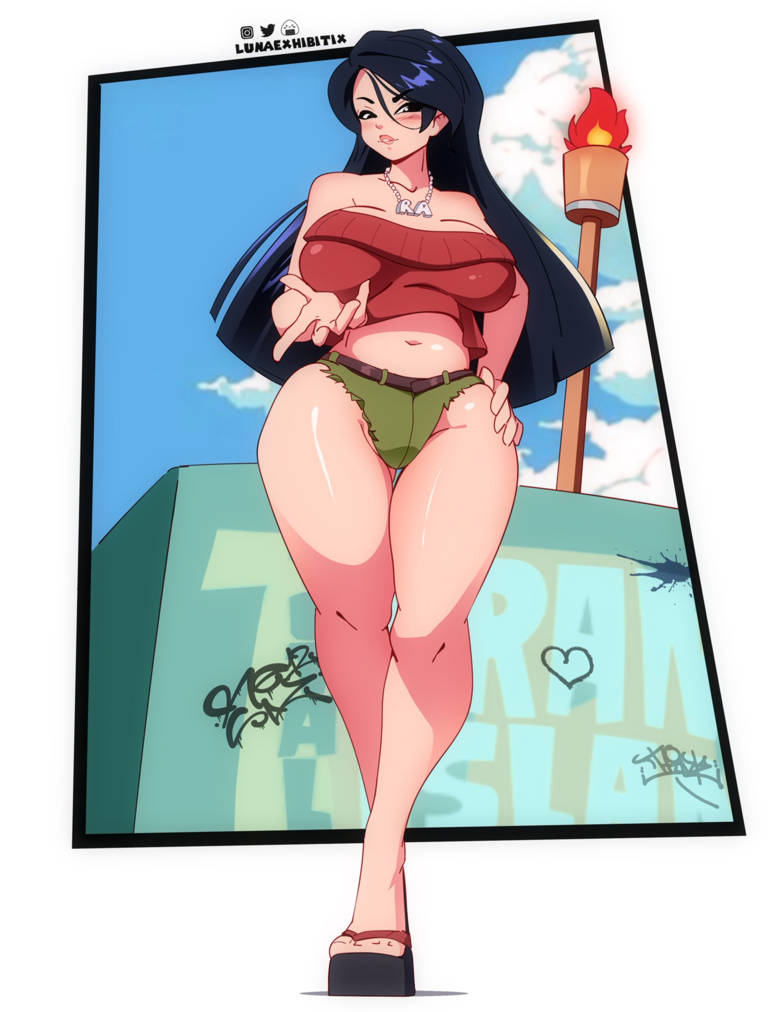 1girls, 2022, big breasts, breasts, chain, female, female only, hand on hip, heather (tdi), looking at viewer, lunaexhabbitix, necklace, solo, thick thighs, total drama island, wedge heels, wide hips