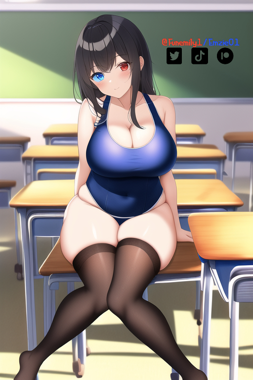 1girls ai_generated artist_self-insert blue_eyes classroom cleavage emzie01 female funemily1 heterochromia large_breasts long_hair nai_diffusion red_eyes school_swimsuit sitting stable_diffusion swimsuit tagme thick_thighs thighhighs thighs watermark wide_hips