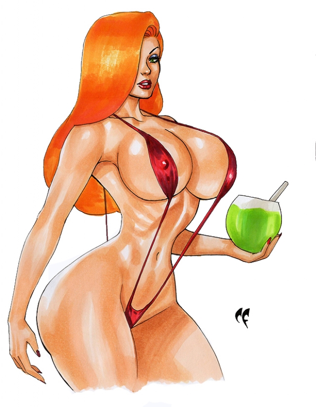 1girls artist_logo bikini chris_foulkes cleavage coconut_drink curvaceous curvy curvy_female curvy_figure daikkenaurora disney drinking_from_coconut erect_nipples_under_bikini eyeshadow female female_only green_eyes hair_over_one_eye holding_coconut_drink hourglass_figure huge_breasts jessica_rabbit light-skinned_female light_skin lipstick long_hair long_red_hair looking_at_viewer one-piece_swimsuit red_bikini red_hair round_breasts sideboob sling_bikini solo solo_female voluptuous voluptuous_female white_background who_framed_roger_rabbit