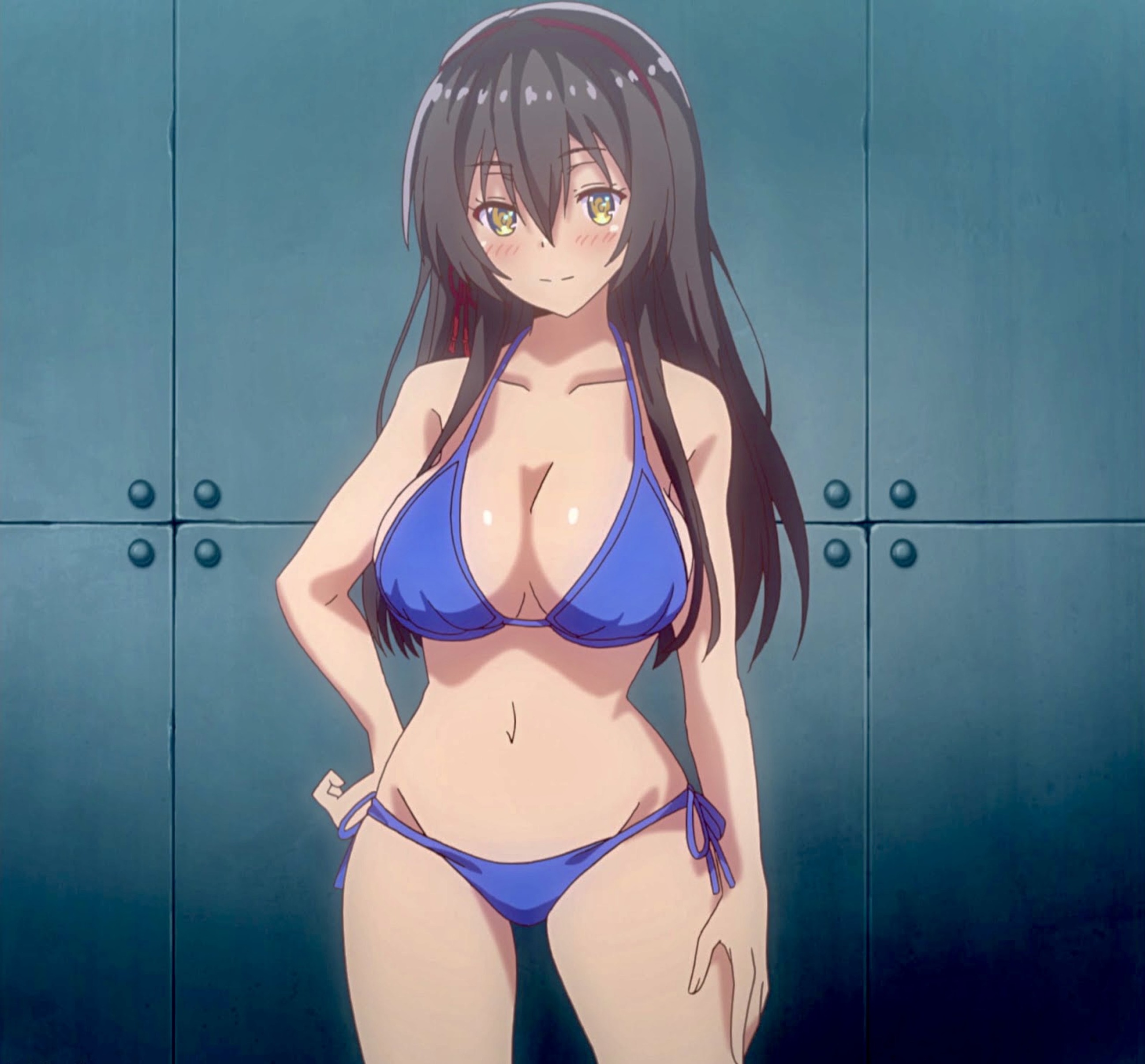 1girls, big breasts, bikini, black hair, blue bikini, blush, bow, breasts, brown hair, busty, cleavage, confident, cowboy shot, female, female only, hairbow, hand on hip, hand on leg, hand on own leg, hand on own thigh, hand on thigh, highres, kawaikereba hentai demo suki ni natte kuremasu ka?, large breasts, legs, long hair, looking at viewer, navel, pose, screencap, sensual, smile, solo, standing, stitched, swimsuit, thighs, third-party edit, tokihara sayuki, voluptuous, yellow eyes