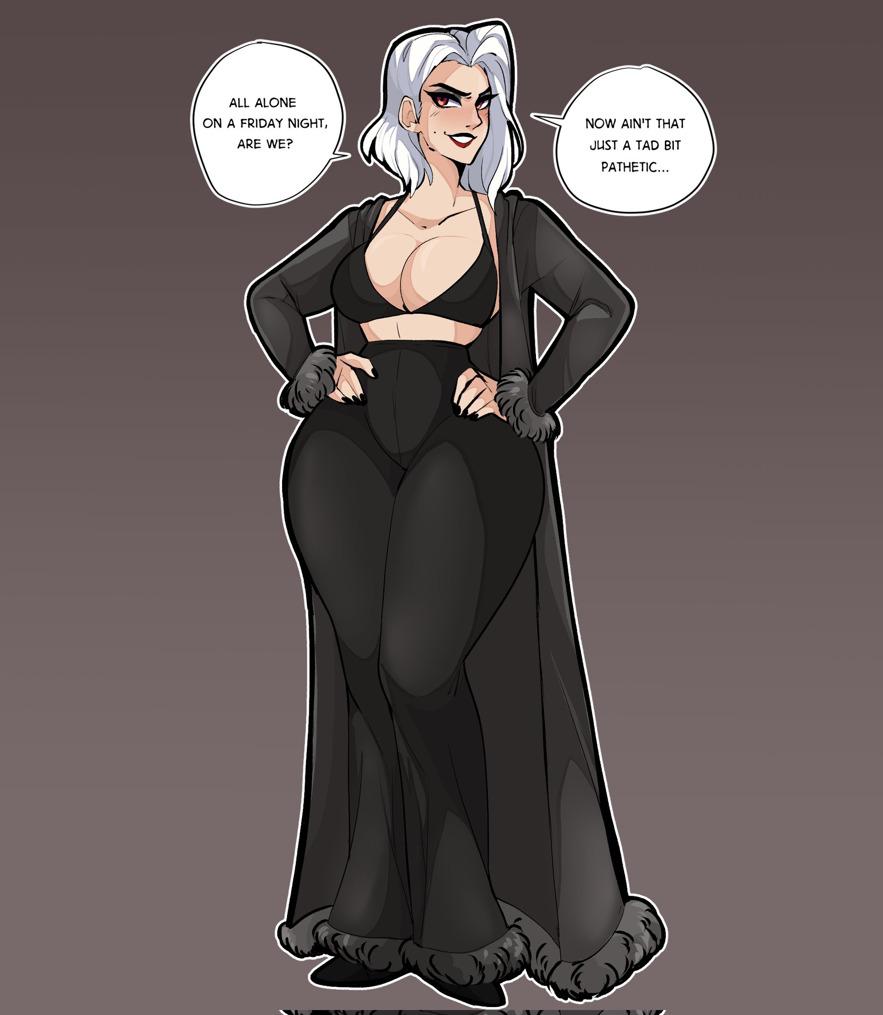 1girls, 2d, ashe (overwatch), black nails, blizzard entertainment, bluueygooey, breasts, cleavage, english text, eyeshadow, female, female only, grin, large breasts, light skin, light-skinned female, lipstick, medium hair, nail polish, overwatch, pale skin, pale-skinned female, red eyes, red lips, red lipstick, smile, solo, text