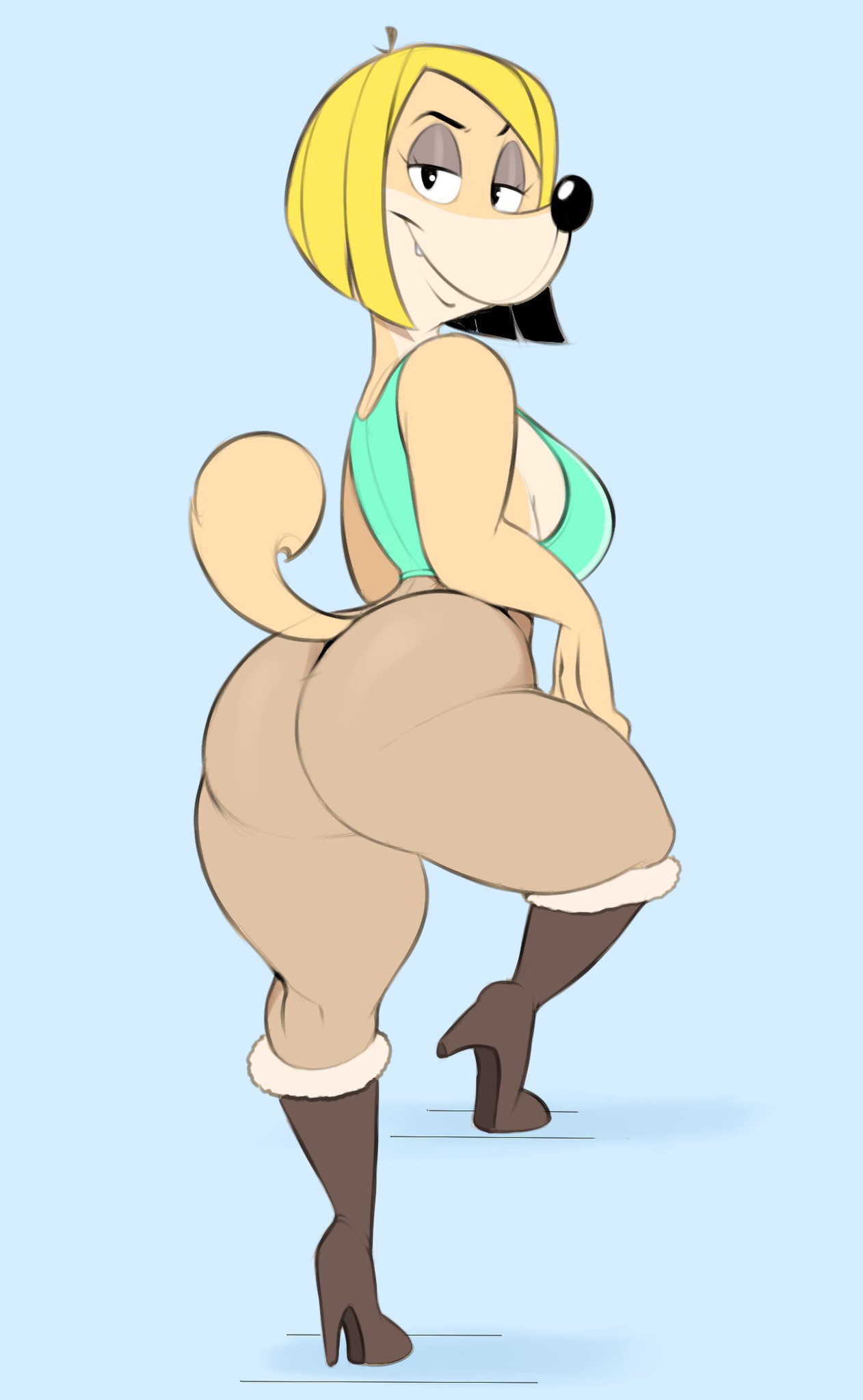 2022 anthro ass blonde_female blonde_hair breasts canine character_request clothed clothing fat_ass female female_focus female_only feminine feminine_pose fur furry furry_only heel_boots lingerie looking_at_viewer looking_back looking_smug original original_character pantyhose smirk smirking smirking_at_viewer smug smug_face tail thick_thighs thighs unknown_character usnarbit yellow_hair