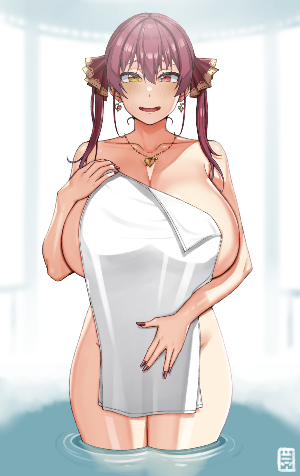 1girls artist_name artist_signature bangs bare_shoulders bath bathing blue_water blush blush_lines blushing_at_viewer breasts cleavage collarbone covered_breasts covered_pussy curvaceous different_eye_color earrings embarrassed embarrassed_female embarrassed_nude_female enormous_breasts fangs female fingernails hair_ribbon handplug heart_earrings heterochromia hi_res high_resolution highres hololive hololive_fantasy hourglass_figure houshou_marine huge_breasts jewelry linea_alba long_hair looking_at_viewer massive_breasts multicolored multicolored_eyes nail_polish naked_female naked_towel necklace nervous nervous_face nervous_smile nude_female on_water open_mouth partially_submerged raised_eyebrows red_eye red_eyebrows red_fingernail_polish red_fingernails red_hair red_hair_female red_hair_ribbon red_nail_polish red_nails red_ribbon ribbon smile solo solo_female standing standing_female submerged_feet submerged_legs thighs top_heavy_breasts towel towel_covering_breasts towel_covering_crotch towel_only twintails twintails_(hairstyle) two_tone_eyes virtual_youtuber voluptuous voluptuous_female wading wading_pool water wet wet_body wet_skin white_towel yellow_eye