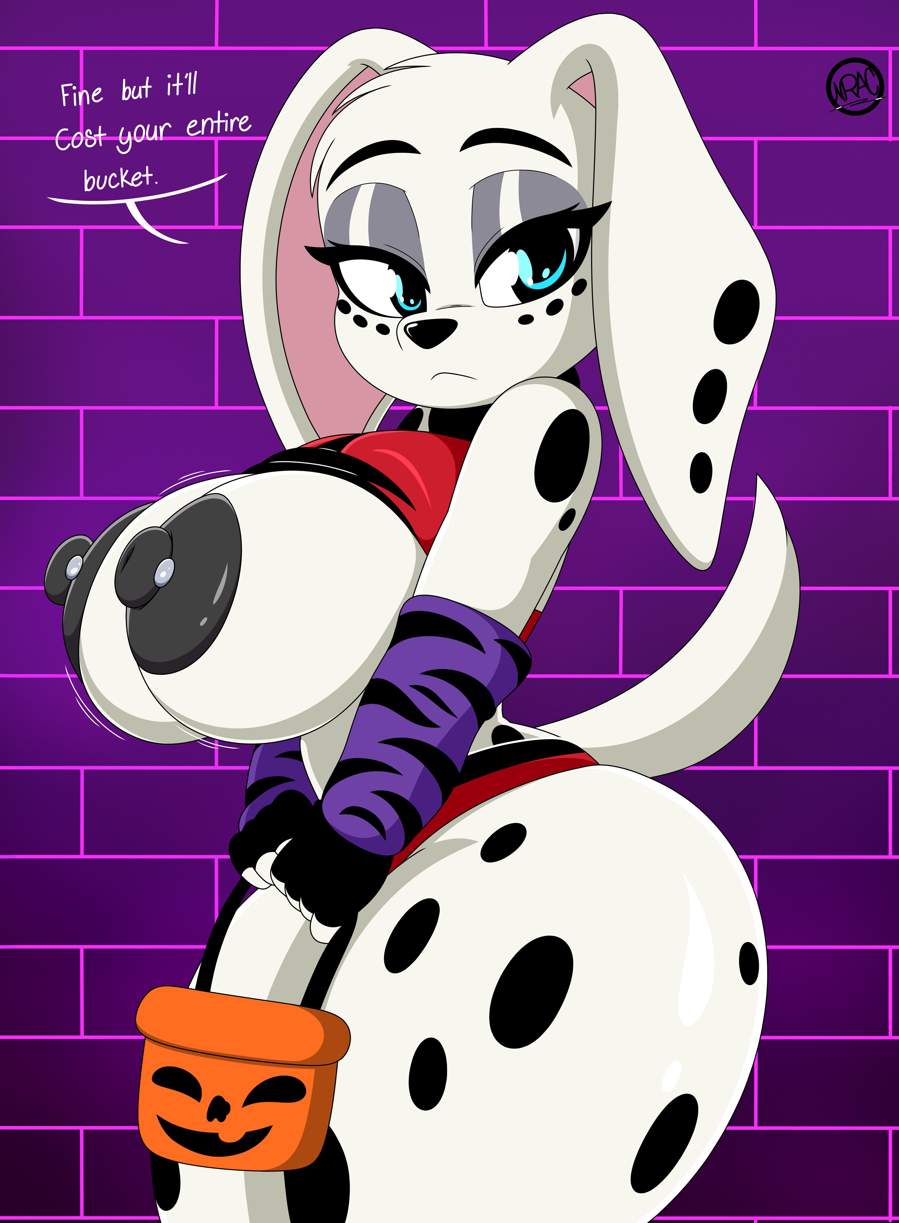 101 dalmatian street, 101 dalmatians, anthro, ass, big ass, big breasts, breasts, canine, cosplay, crossover cosplay, disney, disney xd, dolly (101 dalmatians), domestic dog, female, huge thighs, large ass, nipples, nr ac, sideboob, text, thick thighs