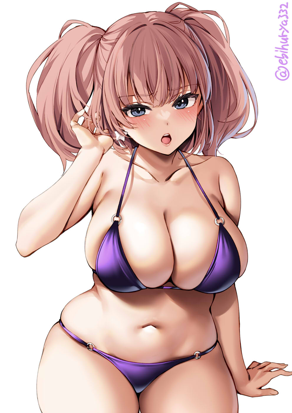 1girls alternate_costume atlanta_(kantai_collection) bare_shoulders bikini blue_eyes blush breasts cleavage collarbone ebifurya female hand_up highres kantai_collection large_breasts looking_at_viewer midriff navel o-ring o-ring_bikini open_mouth pink_hair purple_bikini red_hair simple_background solo swimsuit thighs twintails twitter_username two_side_up white_background