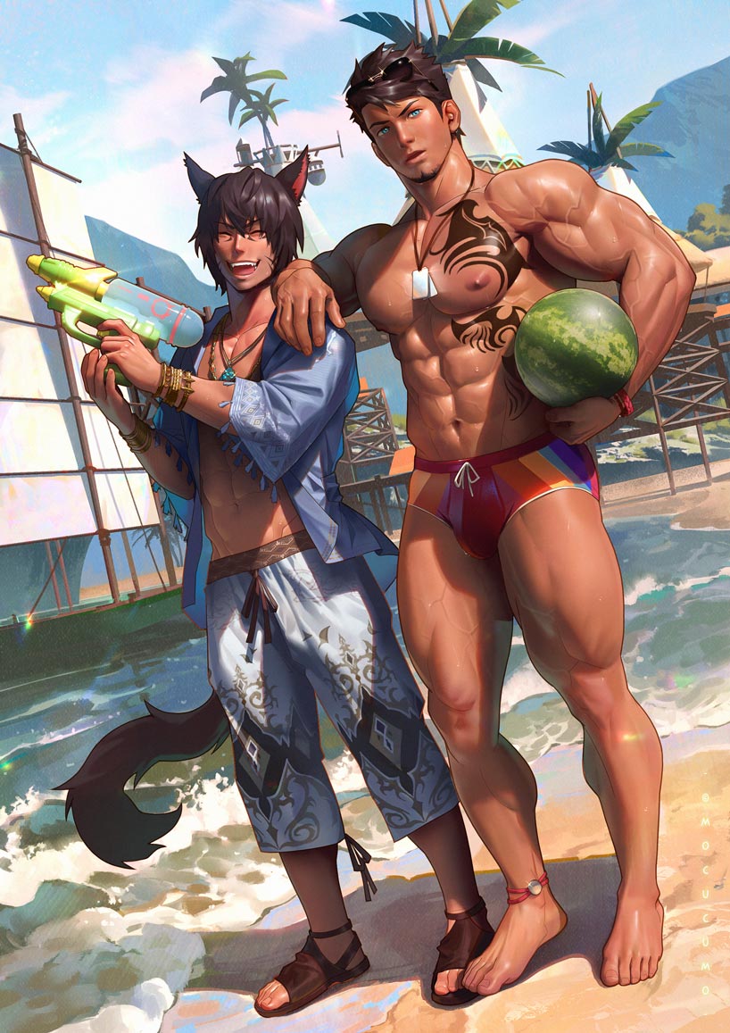 bara beach blue_eyes brown_hair final_fantasy final_fantasy_xiv footwear gay highlander lgbt_pride_colors looking_at_viewer medium_hair miqo'te mocucumo necklace short_hair smiling_at_viewer swimsuit tattoo thong water_gun watermelon yaoi