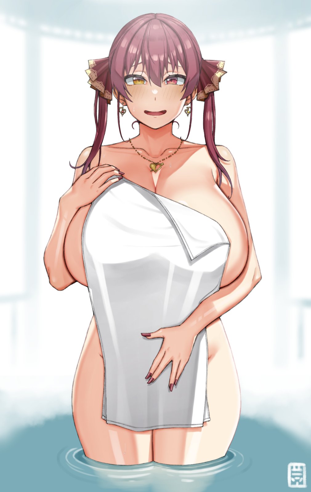 1girls, bangs, bare shoulders, blush, breasts, cleavage, collarbone, female, hair ribbon, handplug, heterochromia, highres, hololive, hololive fantasy, hololive japan, houshou marine, huge breasts, jewelry, long hair, looking at viewer, mature female, milf, naked towel, necklace, open mouth, partially submerged, red eyes, red hair, red ribbon, ribbon, smile, solo, thighs, towel, twintails, virtual youtuber, wading, water, wet, yellow eyes