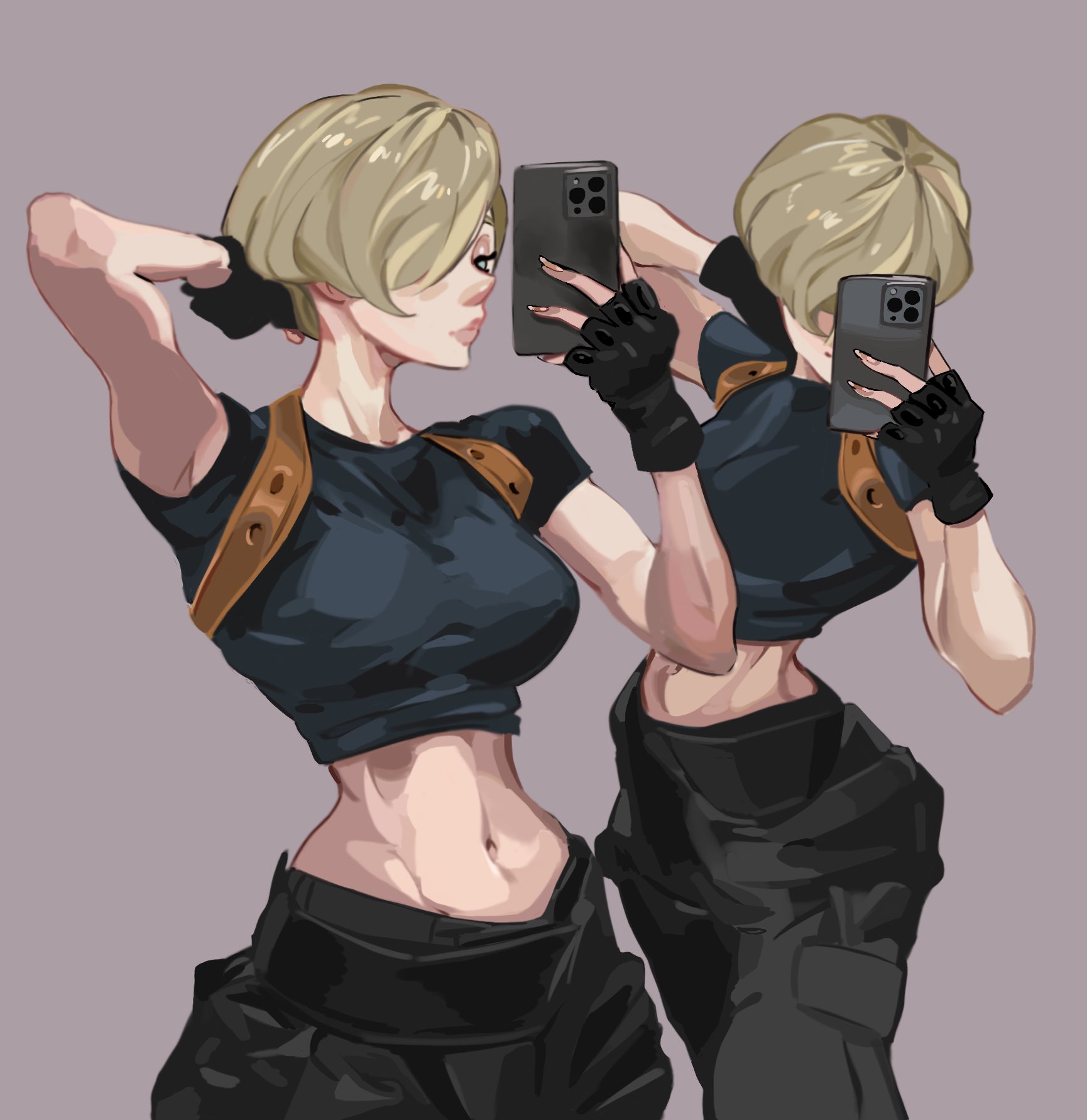 1girls, blonde hair, capcom, dimodrawings, female, female only, hair over one eye, hi res, leon scott kennedy, phone, resident evil, resident evil 4, resident evil 4 remake, rule 63, selfie, short hair, solo, tomboy