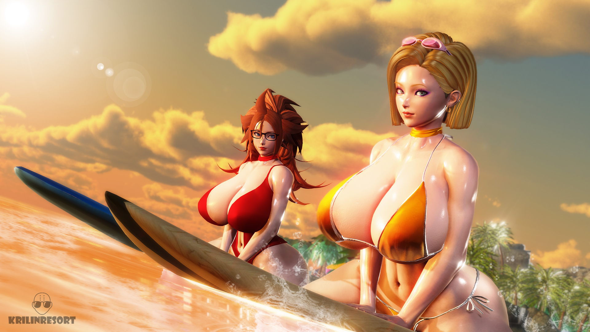 2girls, 3d, android 18, android 21, artist name, beach, big breasts, bikini, breasts, busty, cleavage, dragon ball, dragon ball z, female, female only, glasses, huge breasts, krillinresort, large breasts, looking at viewer, surfboard, swimsuit, voluptuous