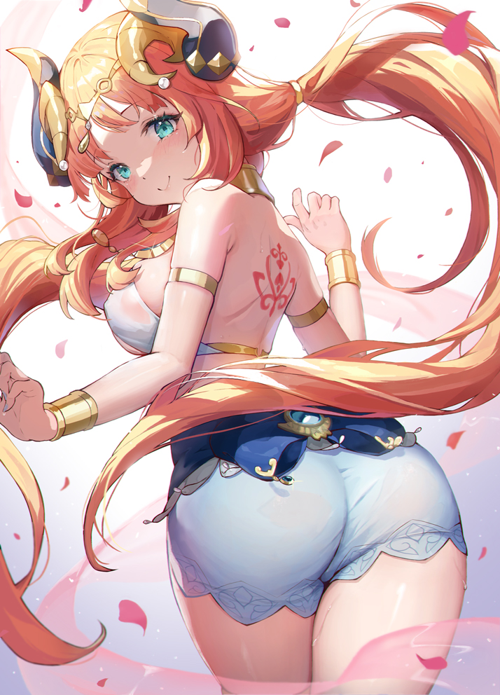1girls, aqua eyes, ass, back tattoo, closed mouth, female, floating hair, genshin impact, gning503, horns, light skin, light-skinned female, long hair, looking at viewer, nilou (genshin impact), red hair, smile, solo, tattoo, twintails, veil