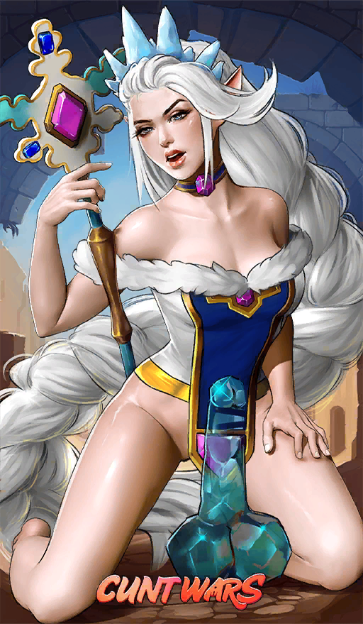 1girls blue_eyes bottomless crown cunt_wars female lady_snow priest priestess sex_toy snow wand white_hair