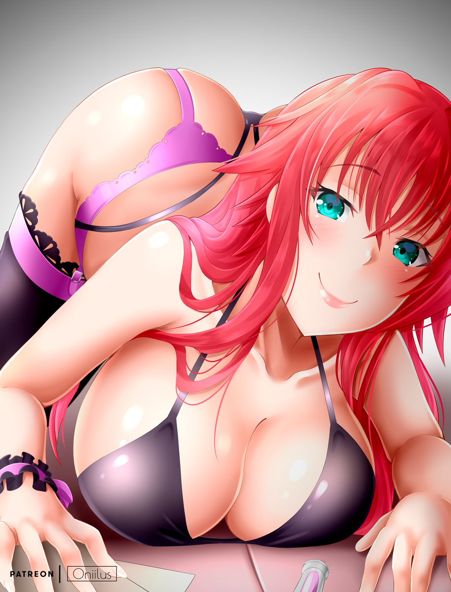 1girls breasts high_school_dxd highres large_breasts leg_ribbon legs_up long_bangs long_hair looking_at_viewer lying mosaic_censoring nipples on_back oniilus patreon_username presenting pussy red_hair red_ribbon rias_gremory solo