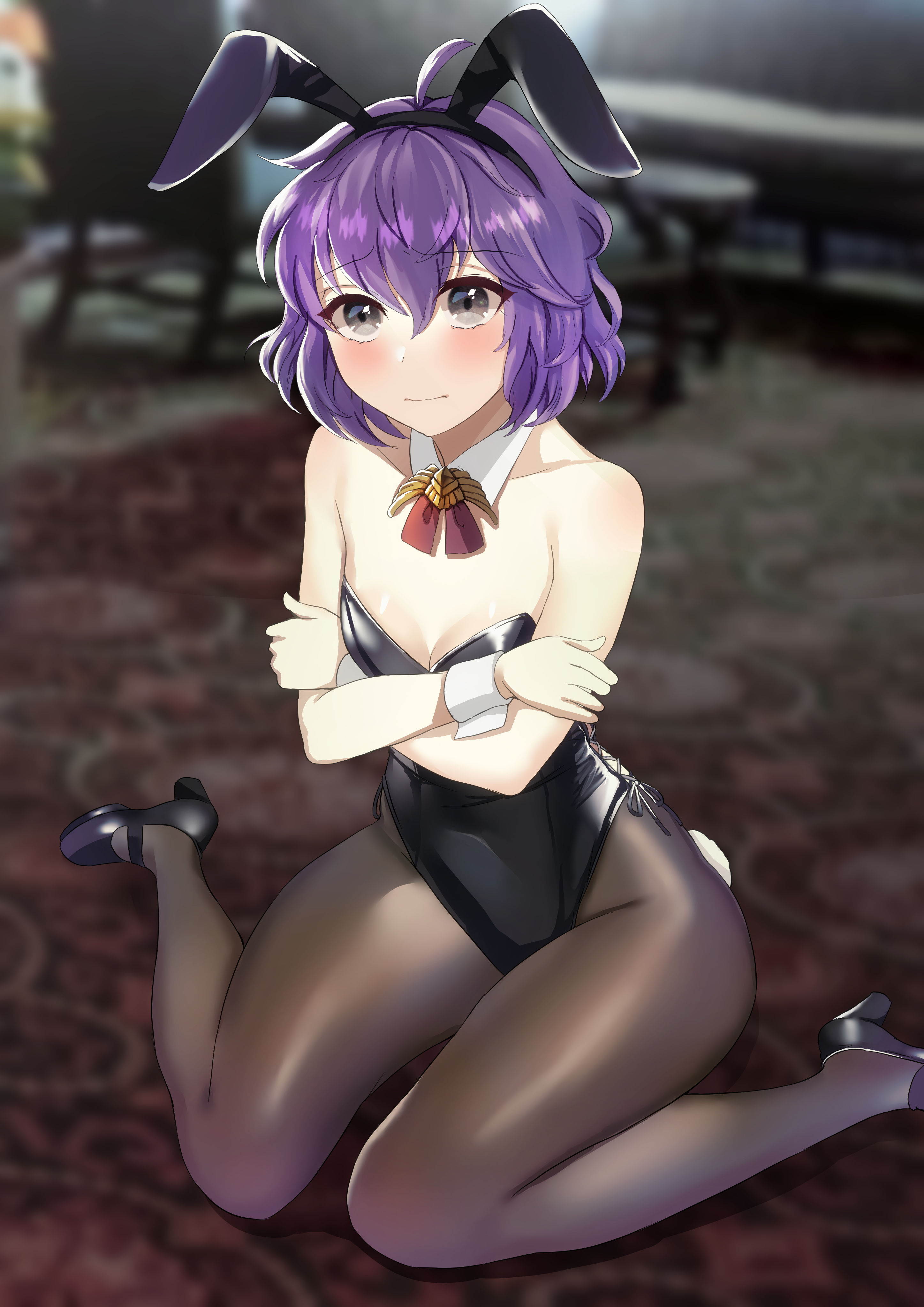 1girls, alternate costume, bare shoulders, bernadetta von varley, black eyes, breasts, bunny ears, bunny girl, bunnysuit, cleavage, collarbone, embarrassed, female, female only, fire emblem, fire emblem: three houses, frown, grey eyes, high heels, leotard, looking at viewer, medium hair, more at source, nintendo, on ground, pantyhose, purple hair, short hair, shoulders, sitting, small breasts, solo, tara (szzj7733), thick thighs, thighs