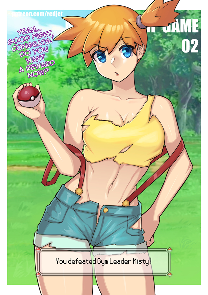 :o, 1girls, bangs, bare shoulders, blue eyes, border, breasts, cleavage, collarbone, cowboy shot, creatures (company), day, denim, denim shorts, english text, female, game freak, hand up, holding, holding poke ball, kasumi (pokemon), large breasts, looking at viewer, navel, nintendo, open clothes, open shorts, orange hair, orange-haired female, outdoors, part 2, poke ball, pokemon, redjet, shiny, shiny hair, shirt, short hair, shorts, side ponytail, smile, solo, strip game, suspenders, torn clothes, torn shirt, torn shorts, tree, white border