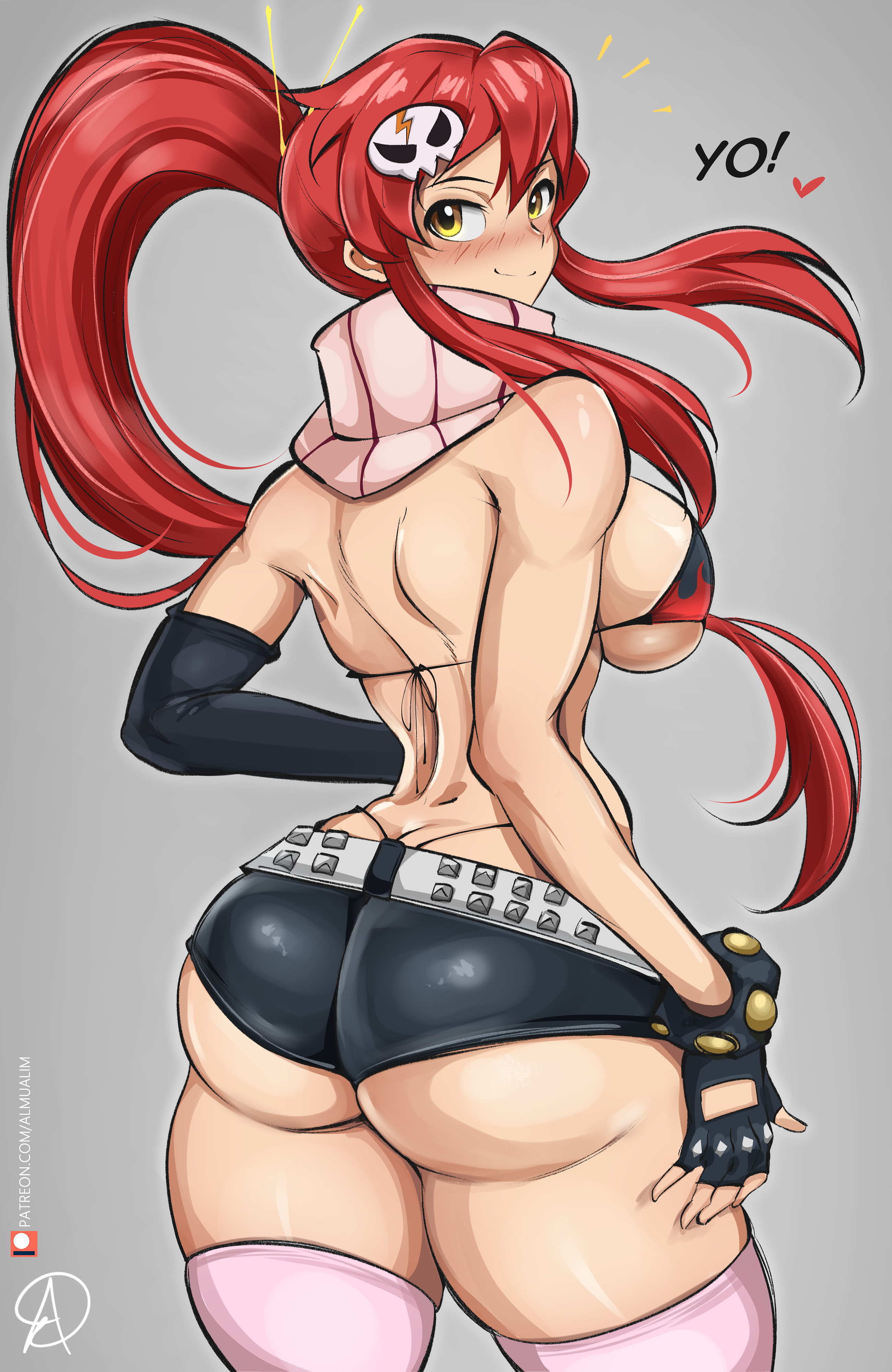 1girls, almualim, ass, ass focus, ass hanging out of shorts, belt, big ass, big breasts, big butt, bikini top, blush, blushing, booty shorts, breasts, deep skin, female, female focus, female only, fingerless gloves, g-string, hair clips, hair ornament, hi res, high resolution, highres, huge breasts, large ass, large breasts, large butt, long hair, red hair, redhead, round ass, simple background, small waist, solo, solo female, solo focus, tengen toppa gurren lagann, thick ass, thick thighs, thighhighs, thunder thighs, tight clothing, very long hair, wide hips, yellow eyes, yoko littner