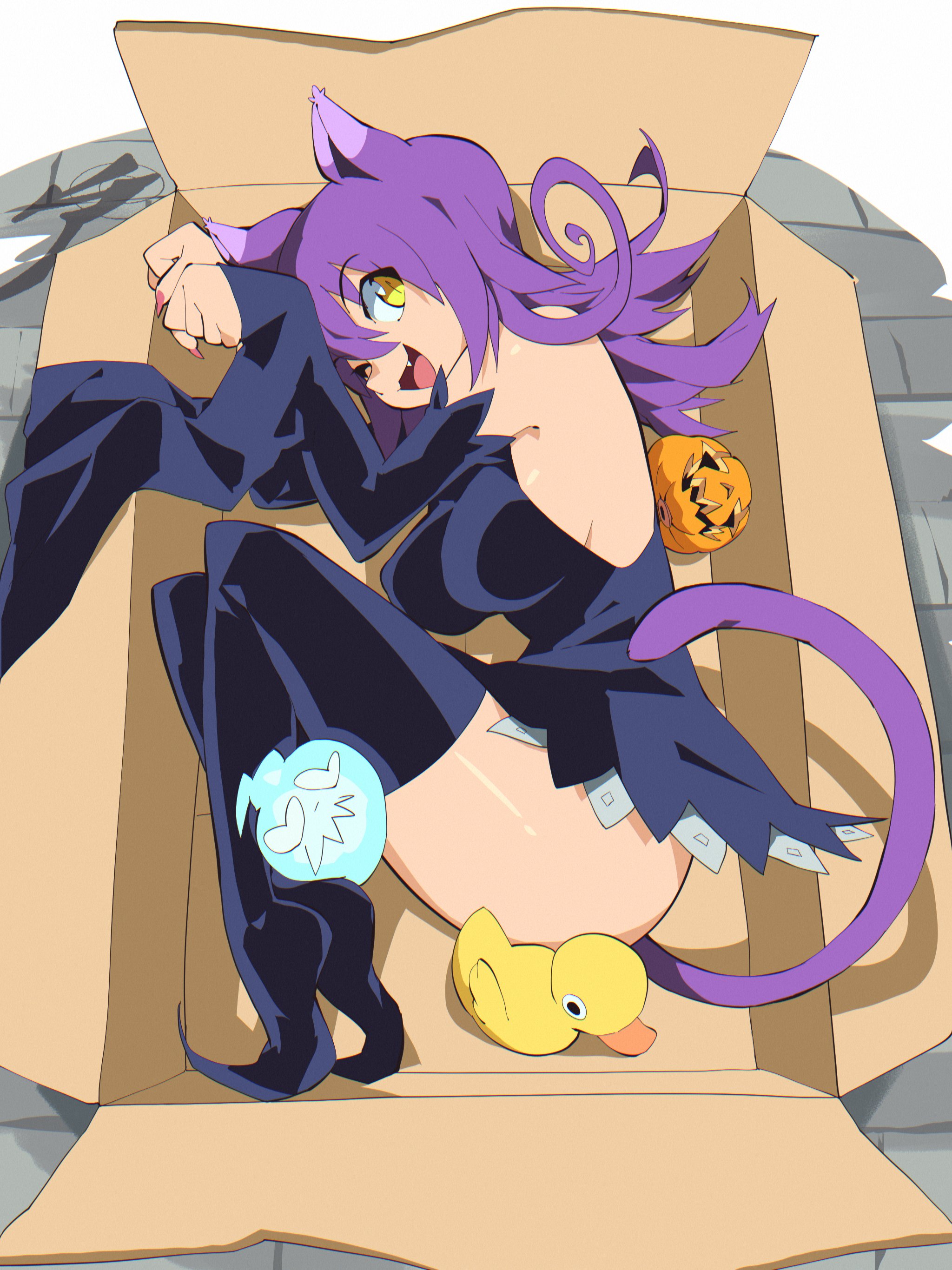 :3, aetherion art, animal ears, blair (soul eater), cat girl, catgirl, cute fang, fang, female, female only, fully clothed, one eye closed, painted nails, pink nails, purple hair, soul eater, tail, thigh boots, thighhighs, wink, yellow eyes