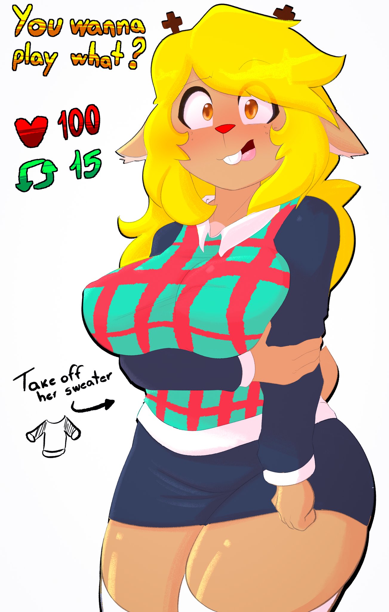 1girls 2d anthro anthro_female anthro_only big_ass big_breasts blonde_hair deltarune deltarune_chapter_2 english_text female female_only fur furry furry_female furry_only humanoid humanoid_female humanoid_only mammal mammal_humanoid mojiuwu noelle_holiday skirt solo strip_game sweater sweater_vest tagme talking text thick_thighs thighhighs undertale_(series)