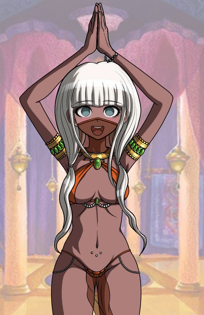 accurate art style, armband, belly dancer, belly dancer outfit, blue eyes, cheeeeeeeeeeeeen, danganronpa, danganronpa v3, dark skin, exotic dancer, female, female only, skimpy clothes, straight hair, white hair, yonaga angie