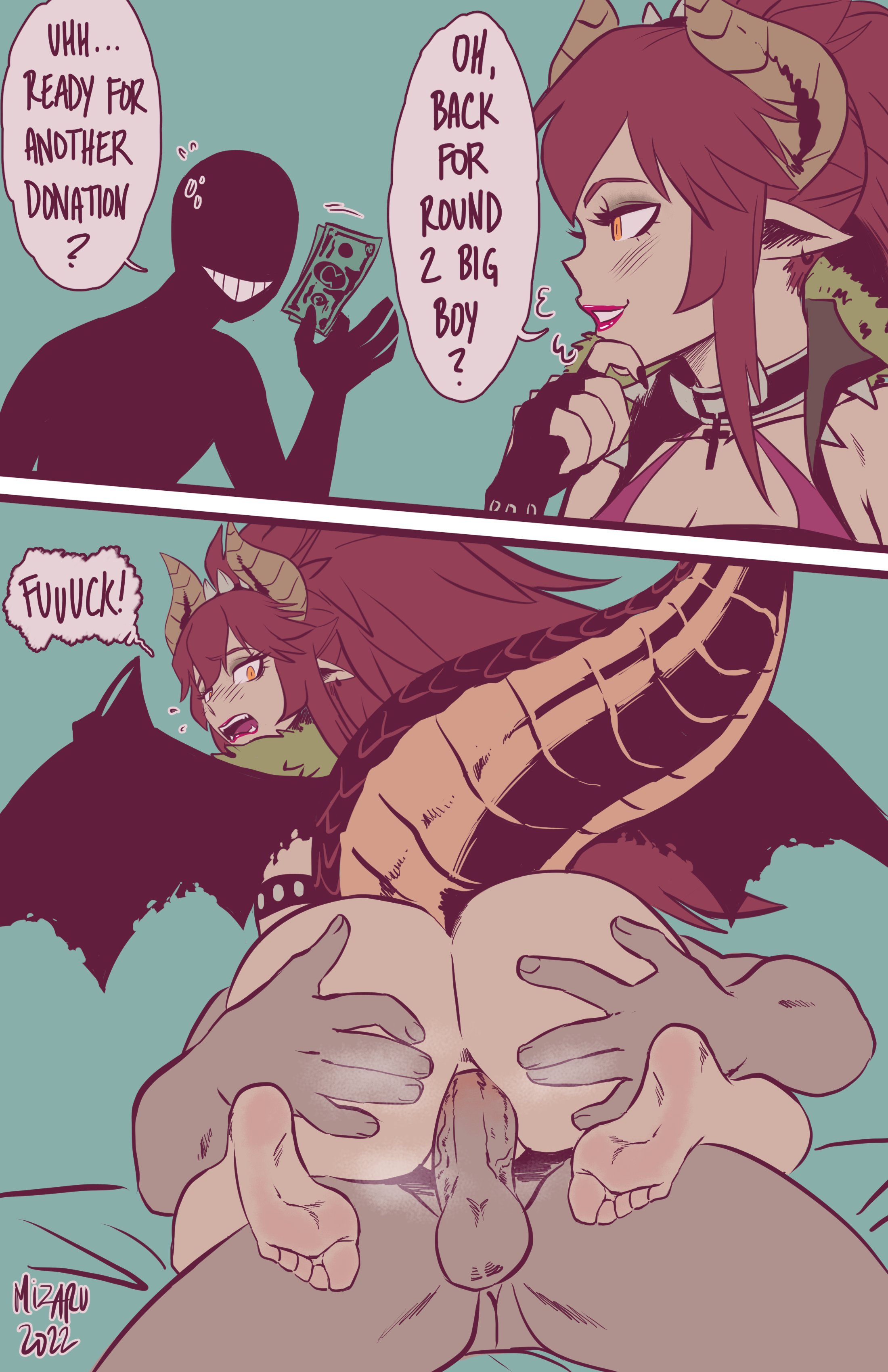 1boy, 1girls, 2022, alternate version at source, alternate version available, anal, artist name, artist signature, ass, ass grab, balls, barefoot, big ass, big butt, clothing, comic, cowgirl position, dialogue, dragon girl, dragon humanoid, dragon tail, dragon wings, english, english text, feet, female, fingerless gloves, gloves, horns, light skin, light-skinned female, male, male/female, mizaru, money, open mouth, panels, penetration, penis, penis in pussy, pointy ears, prostitution, pussy, red hair, sex, simple background, speech bubble, straight, tagme, tail, teeth, text, tongue, vaginal penetration, vaginal sex, virtual youtuber, vshojo, wings, yellow eyes, zentreya