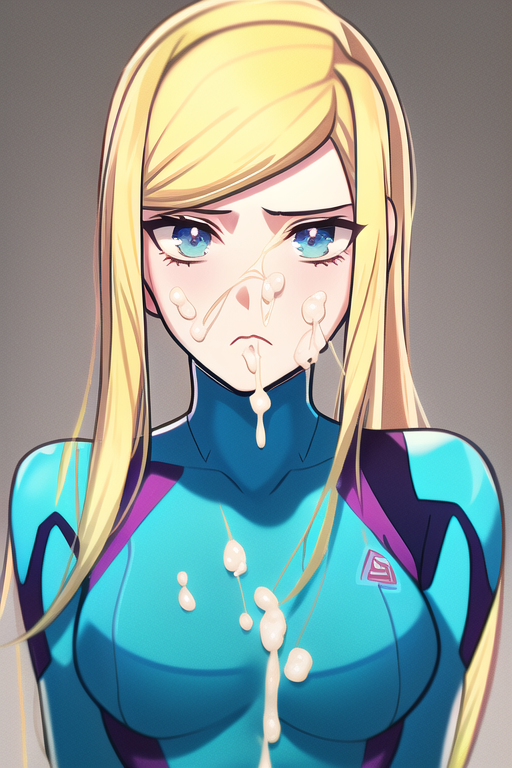 1girls, ai generated, angry, annoyed, blonde hair, blue eyes, bodysuit, cum, cum in mouth, cum on body, cum on face, female, female only, metroid, nai diffusion, samus aran, solo, stable diffusion, zero suit