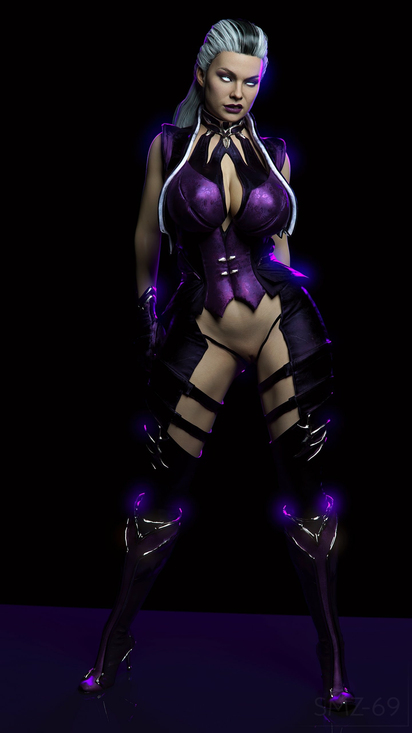 1girls, 3d, artist name, barefoot, big breasts, breasts, cleavage, edenian, female, female focus, female only, high heel boots, high heels, large breasts, long hair, looking at viewer, mature, mature female, milf, mortal kombat, mortal kombat 11, multicolored hair, no panties, simple background, sindel, smz-69, solo, solo female, solo focus, very long hair