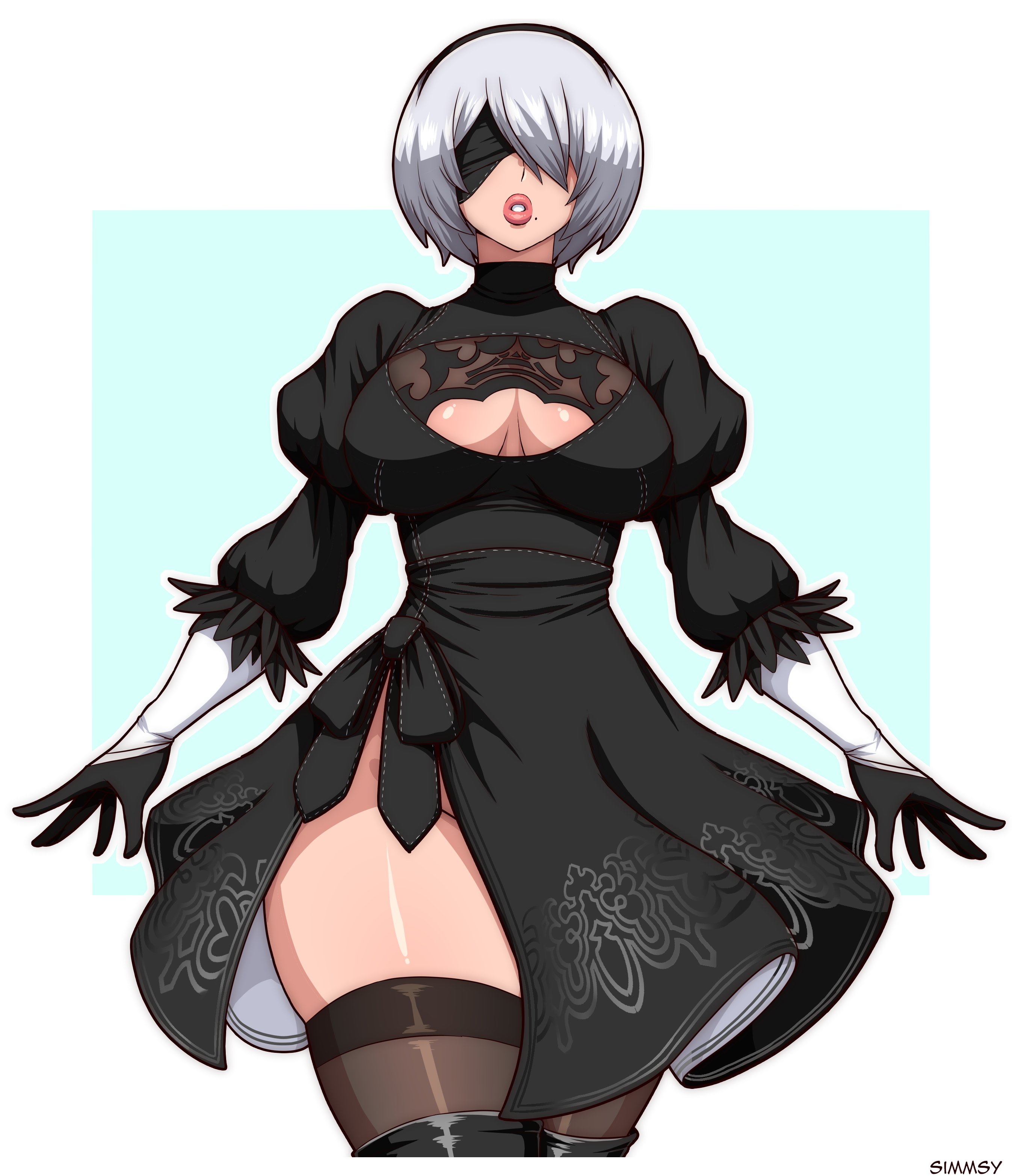 1girls, android, blindfold, cleavage cutout, dress, female, female only, hairband, medium hair, mole, mole under mouth, nier: automata, pink lips, simmsy, solo, stockings, thick thighs, thigh squish, very high resolution, white background, white hair, wide hips, yorha 2b
