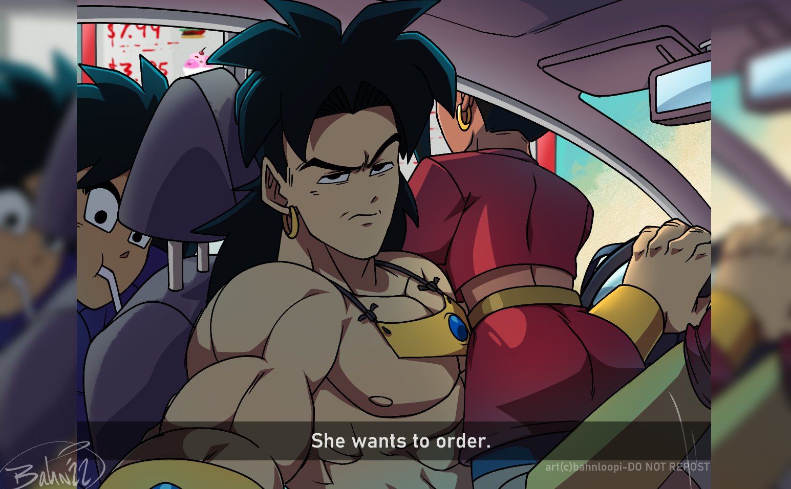 1girls, 2boys, ass, ass focus, big ass, broly, broly (dragon ball z) 1993, dragon ball, dragon ball z, female, he wants to order, kale, male, meme, multiple boys, multiple males, selfie, she wants to order, shounen jump, snowloopi, tagme, topless