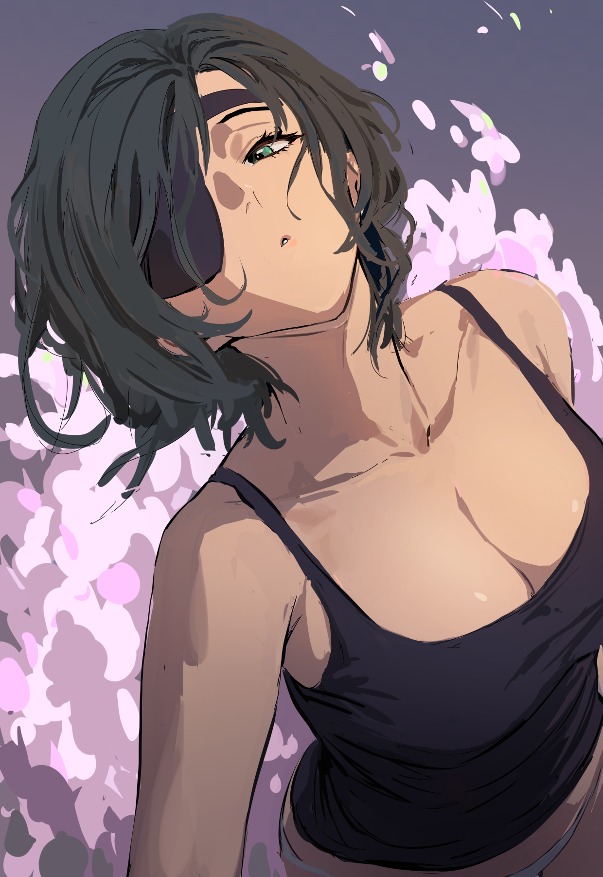 :o, 1girls, big breasts, bottomless, breasts, chainsaw man, chela77, cleavage, clothed, clothing, dark hair, eyepatch, female, female only, green eyes, high-angle view, himeno (chainsaw man), light skin, light-skinned female, mappa, pale skin, short hair, tight clothing, tight fit