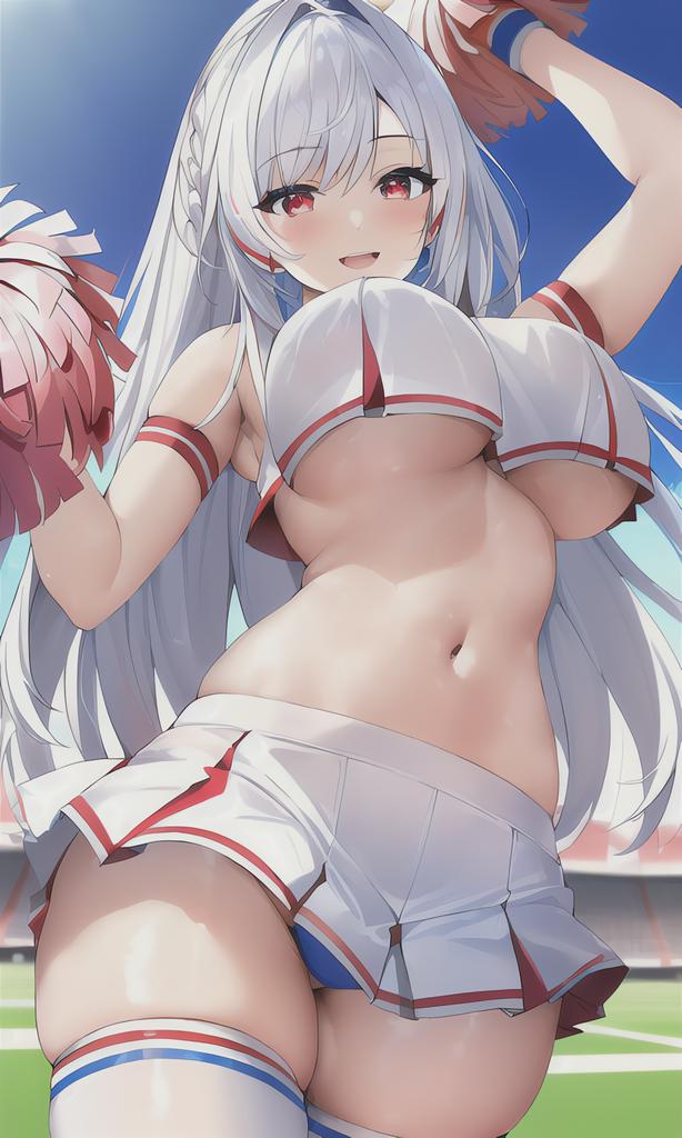 1girls, ai generated, breasts, cheerleader, cheerleader uniform, female, huge breasts, light skin, light-skinned female, long hair, nai diffusion, original, original character, outdoors, red eyes, smile, stable diffusion, thick thighs, underboob, white hair