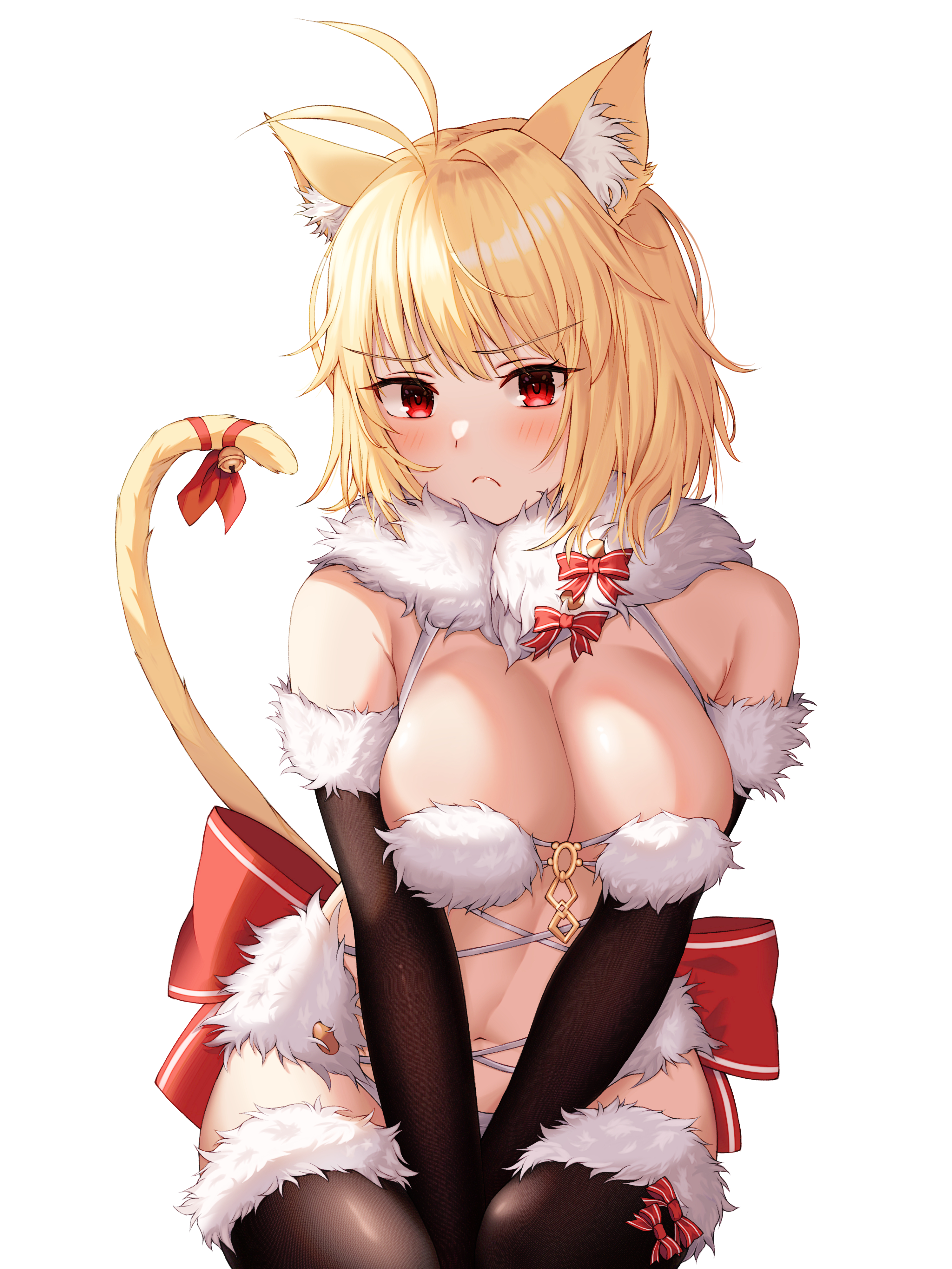1girls, ahoge, arcueid brunestud, big breasts, black gloves, black legwear, black thighhighs, blonde hair, blush, breasts, cat ears, cat girl, cat tail, catgirl, cleavage, elbow gloves, embarrassed, female, female only, frown, fur collar, fur trim, gloves, kemono, light skin, light-skinned female, looking at viewer, mash kyrielight (dangerous beast) (cosplay), medium hair, red eyes, short hair, solo, sulgi park, thighhighs, tsukihime, type-moon