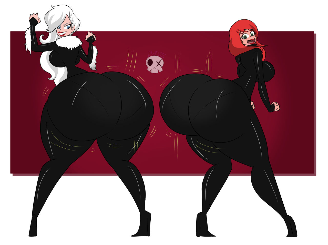 2girls, ass, ass shake, big ass, black cat (marvel), bodysuit, bottom heavy, bouncing ass, breasts, bubble ass, bubble butt, clothing, da-fuze, fat ass, felicia hardy, female, female only, huge ass, large ass, latex, light skin, light-skinned female, looking back, marvel, marvel comics, mary jane watson, red hair, spider-man (series), straight hair, thick ass, thick thighs, twerking, white hair, wide hips