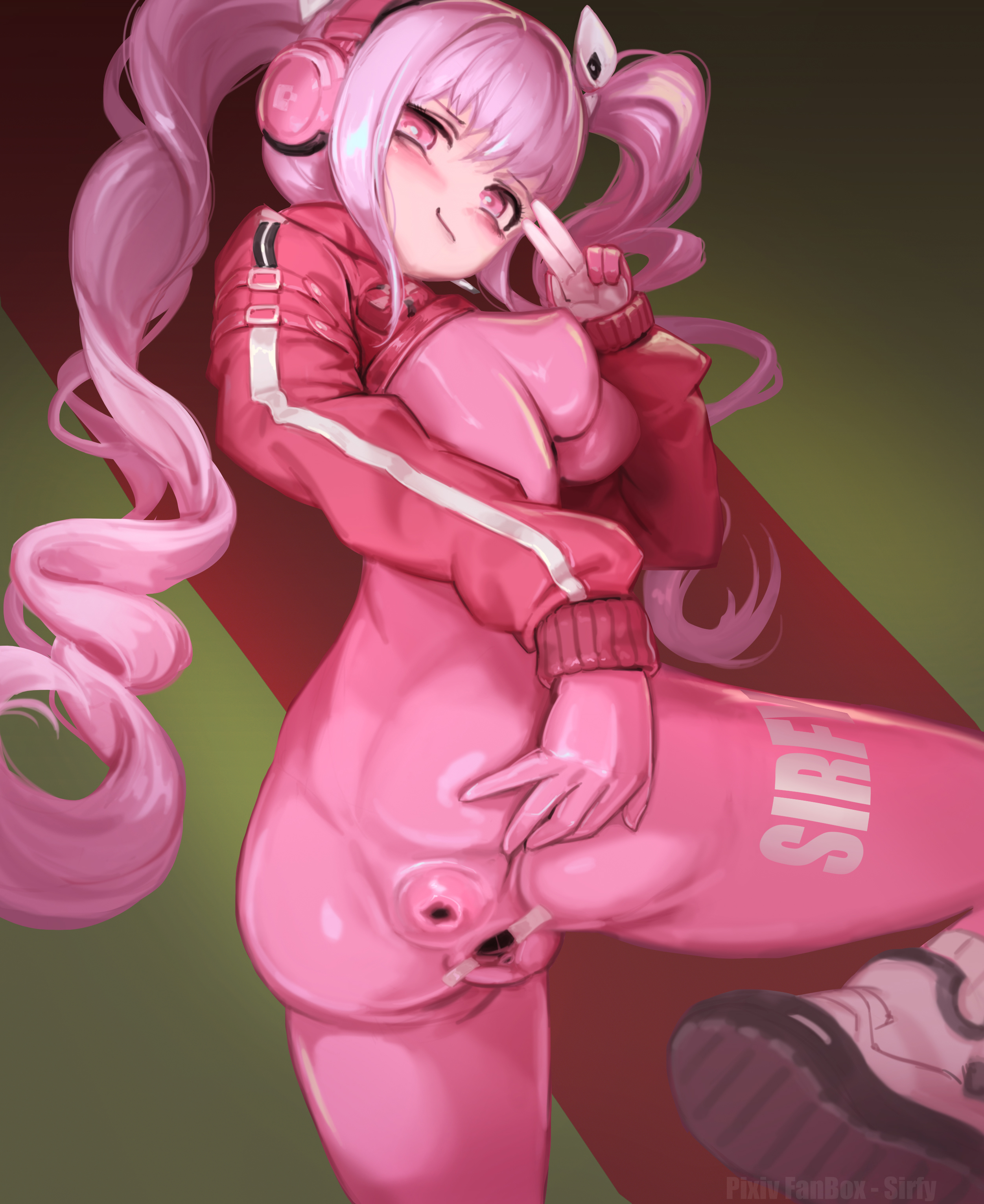 1girls, alice (nikke), anal cameltoe, anus, anus visible through clothes, bodysuit, cameltoe, female, goddess of victory: nikke, pink bodysuit, pussy, sirfy, tagme, vagina, vagina visible through clothing