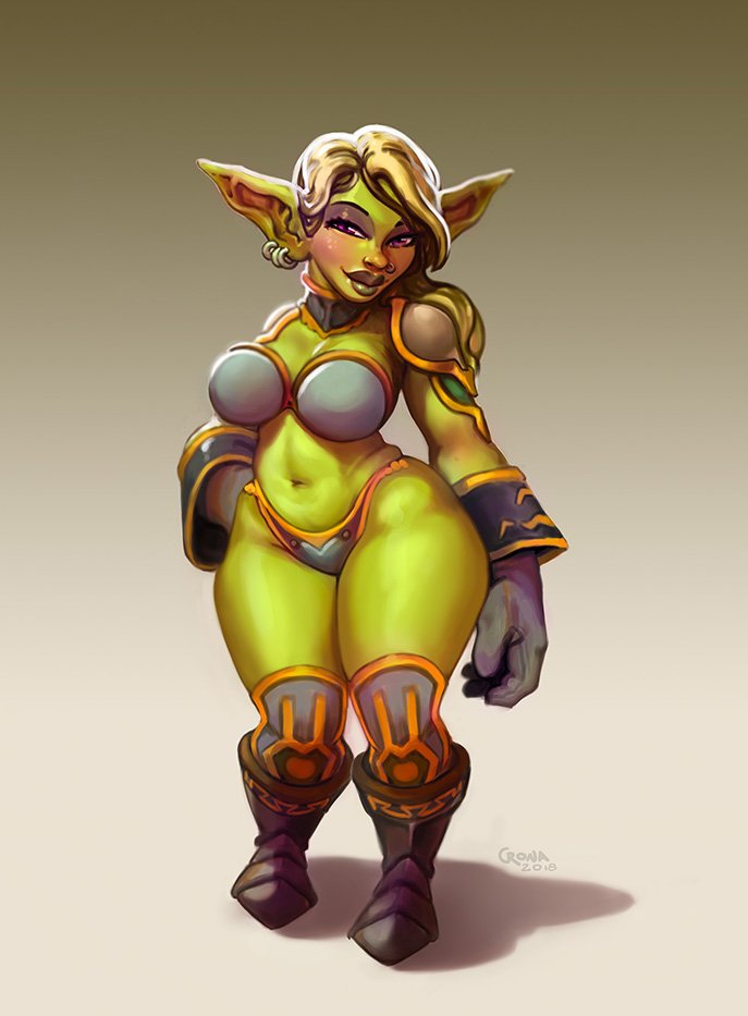 1girls bikini_armor blizzard_entertainment blonde_hair breasts crona earrings goblin goblin_(warcraft) goblin_female green-skinned_female green_skin long_ears purple_eyes shortstack solo warcraft world_of_warcraft