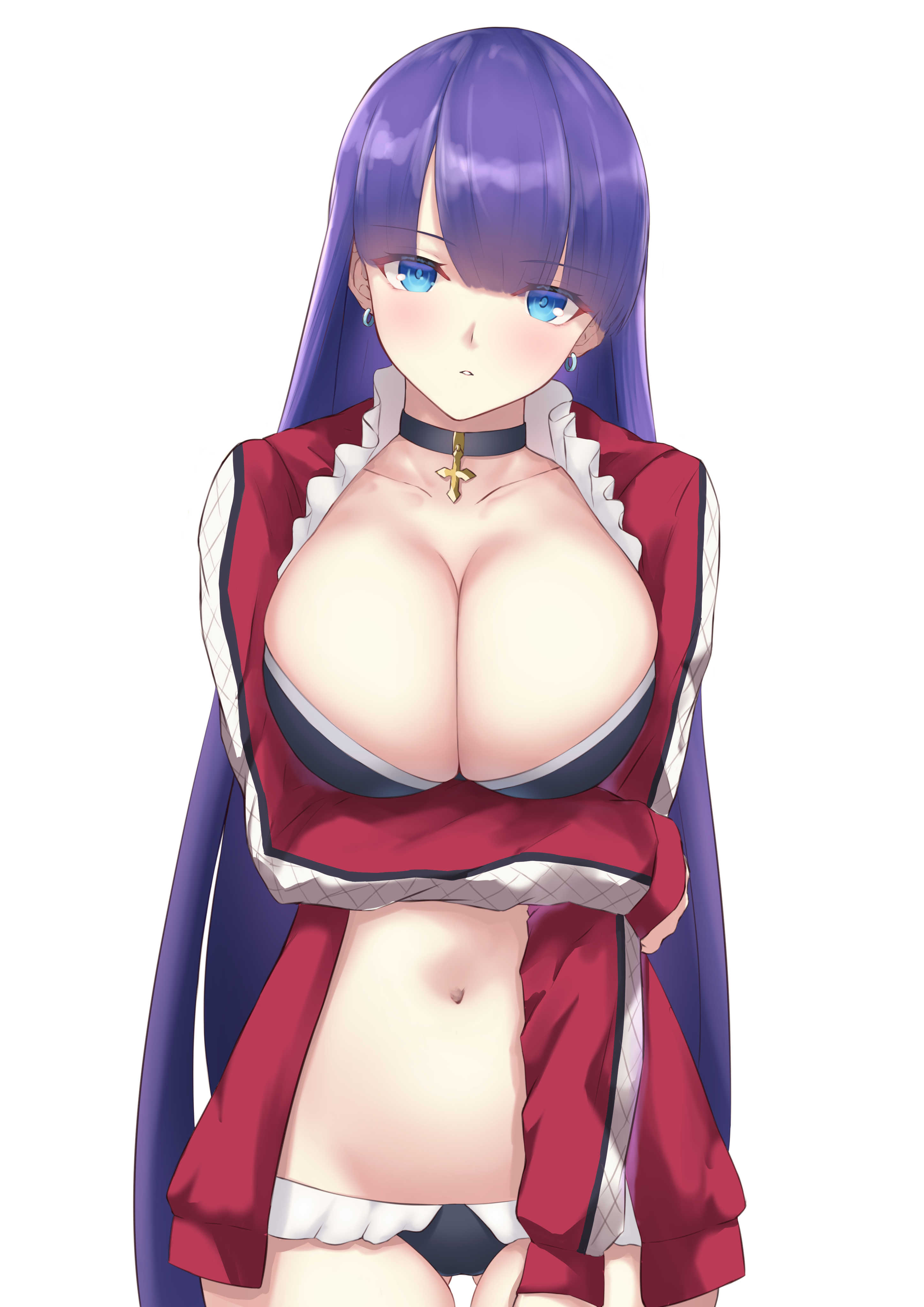 absurd res, absurdres, bangs, big breasts, bikini, black bikini, blue eyes, blunt bangs, breasts, choker, cleavage, collarbone, cross, cross choker, earrings, fate (series), fate/grand order, female, female only, frilled bikini, highres, jacket, jewelry, large breasts, light skin, light-skinned female, long hair, long sleeves, looking at viewer, navel, okuma707, open clothes, open jacket, pale skin, pale-skinned female, purple hair, red jacket, saint martha, saint martha (swimsuit ruler), solo, solo female, swimsuit, thighs