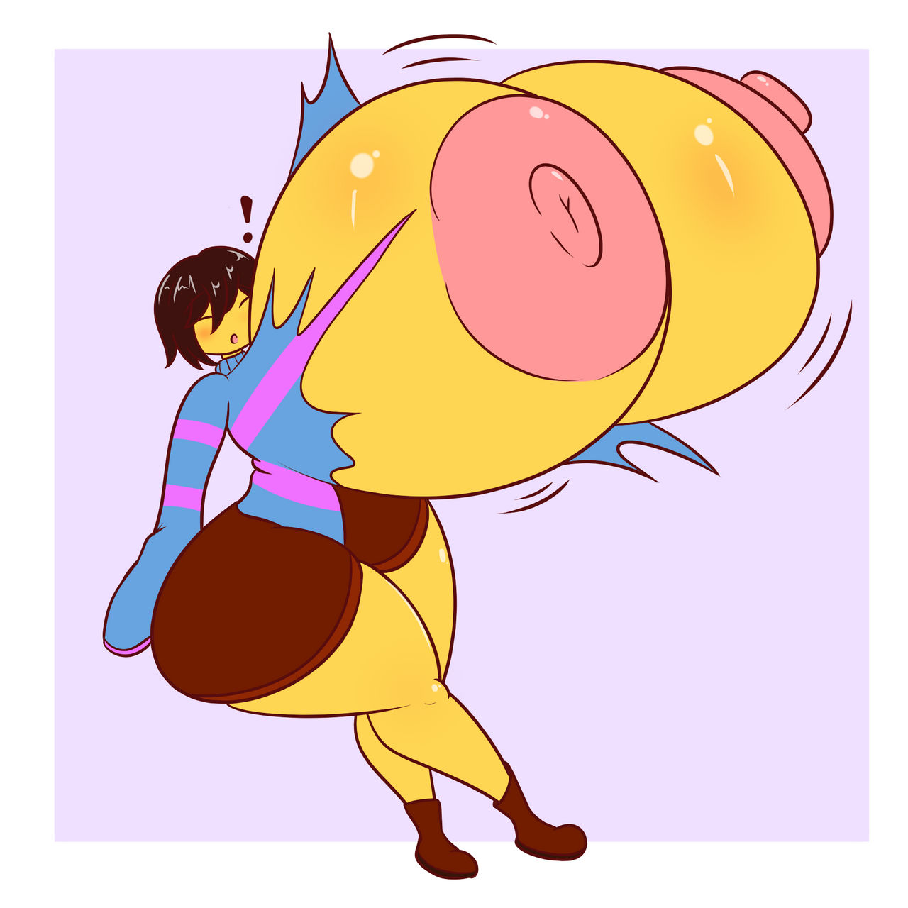 1girls, 2d, big breasts, black hair, bobateats, breast expansion, breast growth, breast growth (enlargement), breasts, expansion, female, female only, frisk, hips, huge breasts, human, human female, human only, hyper breasts, large breasts, massive breasts, short hair, shorts, solo, solo female, thick, thick thighs, thighs, top heavy, torn clothes, undertale, undertale (series), wardrobe malfunction, wide hips