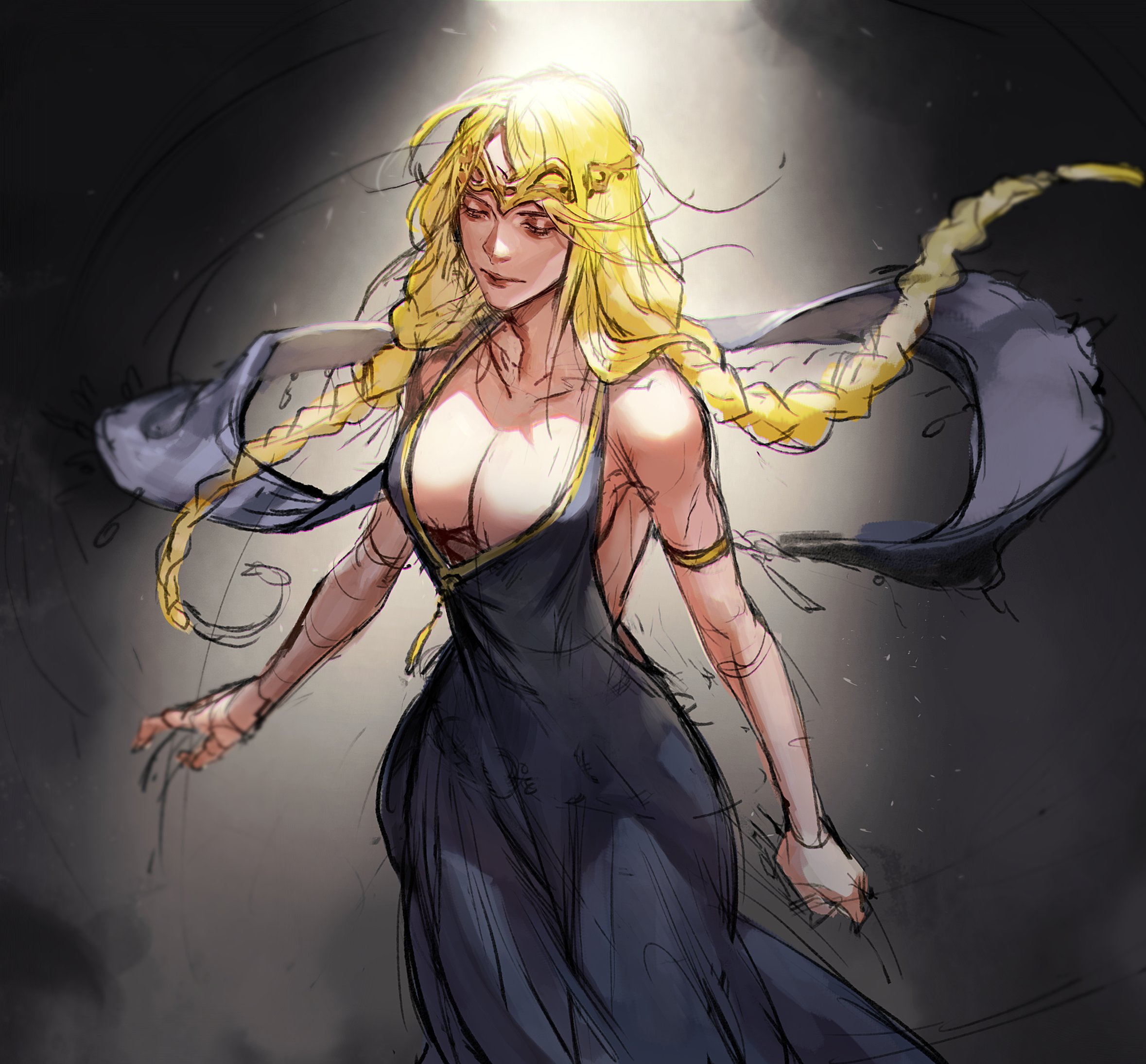 1girls, big breasts, blonde female, blonde hair, braid, braided hair, breasts, breasts focus, cleavage, elden ring, female, female only, from lsr, fromsoftware, milf, narrow waist, queen marika the eternal, wide hips