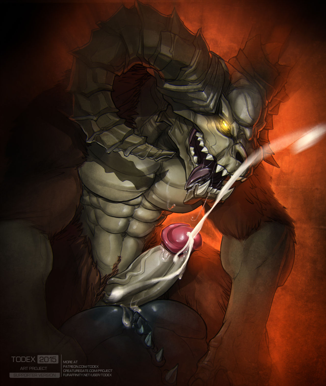 2monsters abs anthro bovid bovid_humanoid brown_fur cum dark_souls drooling ejaculation erection fromsoftware glowing_eyes horns male male_only minotaur monster muscular muscular_male penis saliva sharp_teeth skull_head solo_focus taur taurus_demon todex tongue_out uncensored veiny_penis