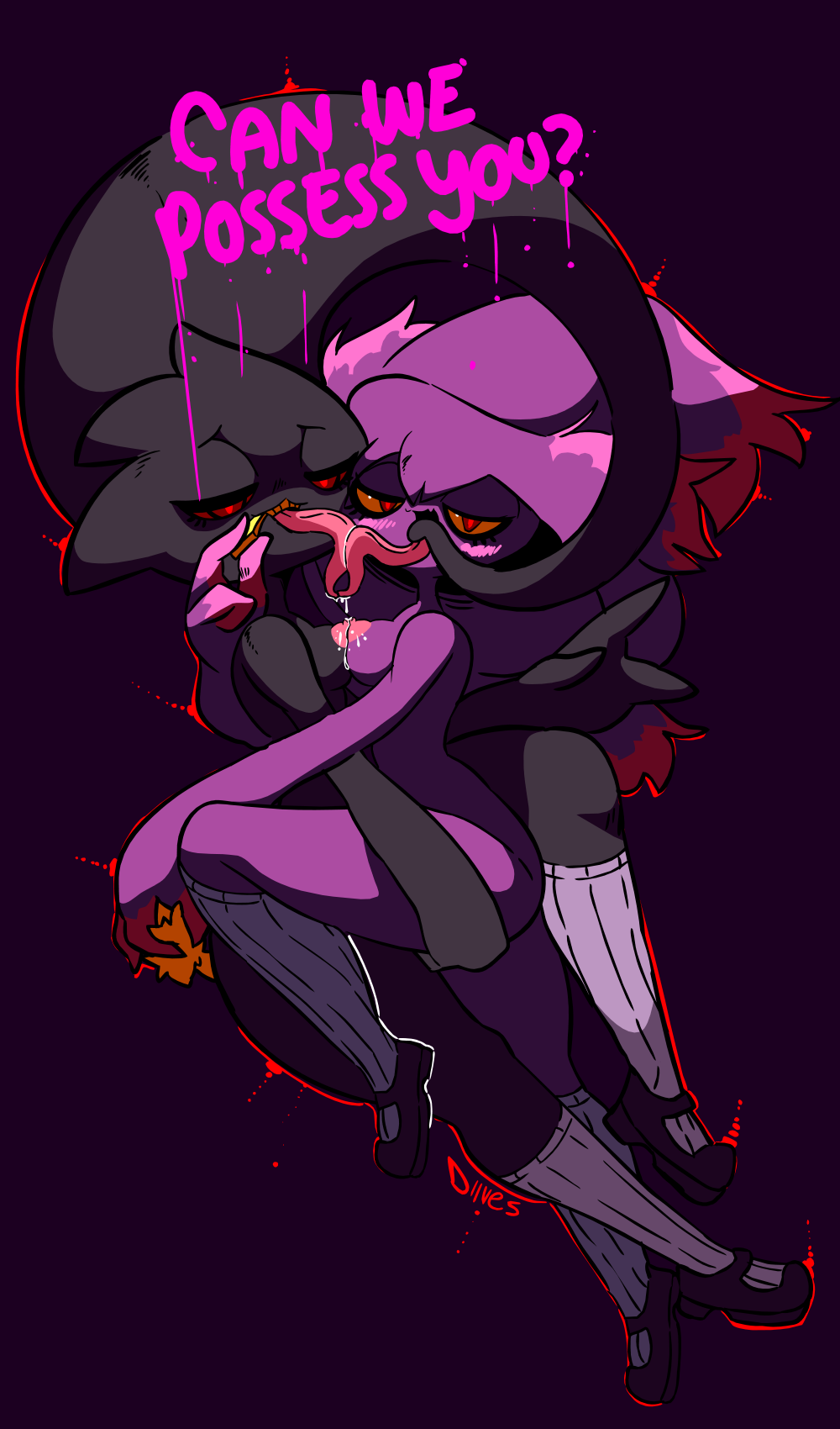 2girls anthro banette black_skin blush breasts color digital_drawing_(artwork) digital_media_(artwork) diives drool_on_breasts drooling female female_only ghost grabbing grabbing_ass grabbing_thighs kissing long_socks long_tongue looking_at_viewer mismagius multiple_girls nette_(diives) nintendo nipples nipples_touching nude nude_female one_leg_up pok&eacute;mon_(species) pokemon pokemon_(species) purple_skin red_eyes shoes smile socks tongue tongue_kiss zipper