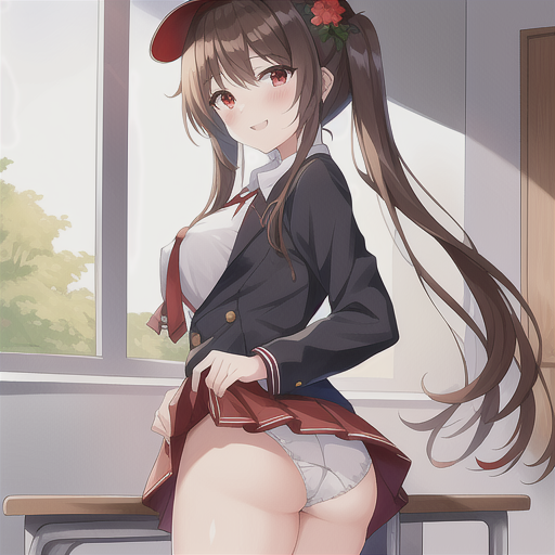 1girls, ai generated, alternate costume, ass, blush, breasts, brown hair, cameltoe, come hither, desk, female, from behind, from below, genshin impact, hat, hu tao (genshin impact), large breasts, long hair, looking at viewer, looking back, miniskirt, nai diffusion, naughty face, open mouth, panties, presenting, presenting hindquarters, presenting panties, pussy, red eyes, school uniform, shiny, shiny clothes, shiny hair, shiny skin, sideboob, skirt, skirt hold, skirt lift, smile, solo, stable diffusion, twintails, very long hair