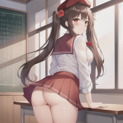 1girls, ai generated, alternate costume, ass, beret, blush, breasts, brown hair, cameltoe, collar, collared shirt, come hither, desk, female, from behind, from below, genshin impact, hat, hu tao (genshin impact), large breasts, long hair, looking at viewer, looking back, miniskirt, nai diffusion, naughty face, panties, pleated skirt, pussy, red eyes, red sailor collar, school uniform, seifuku, serafuku, shiny, shiny clothes, shiny hair, shiny skin, sideboob, skirt, smile, solo, stable diffusion, twintails, upskirt, very long hair