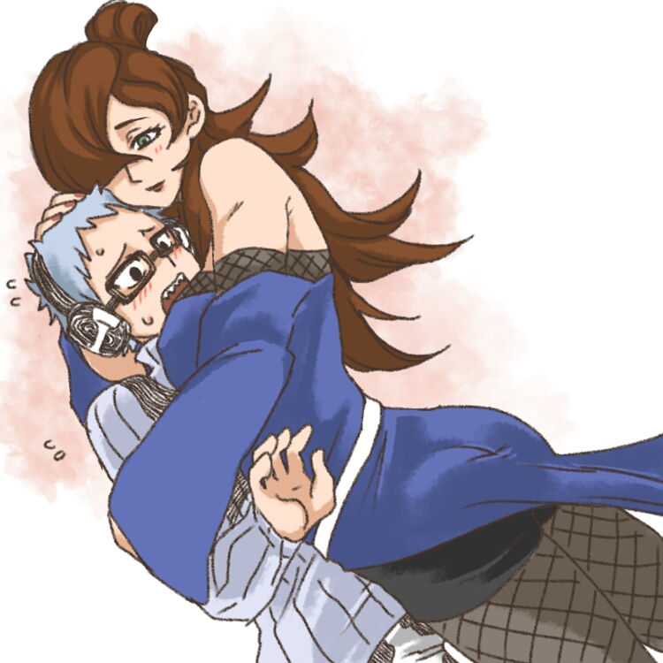 1boy 1boy1girl adult age_difference big_breasts breasts brown_hair chojuro choujuurou embarrassed embrace eyewear female glasses hug hugging light_blue_hair mature mature_female mei_terumi naruto naruto_(series) naruto_shippuden nervous nervous_sweat older_female shy smile straight sweat sweatdrop teenager terumi_mei younger_male