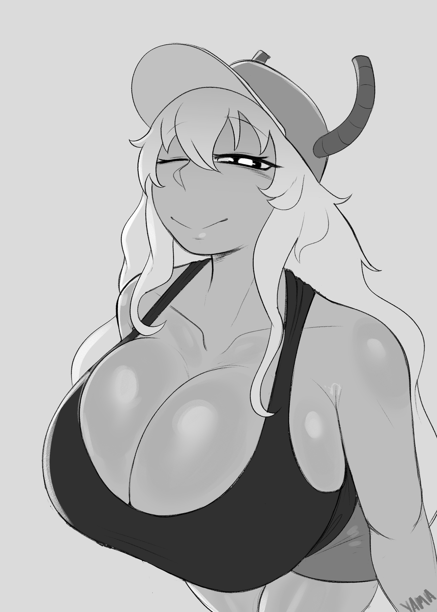 1girls, big breasts, black and white, blonde hair, breasts, dragon girl, female, kobayashi-san chi no maidragon, looking at viewer, miss kobayashi's dragon maid, quetzalcoatl (dragon maid), sketch, tagme, yamathegod