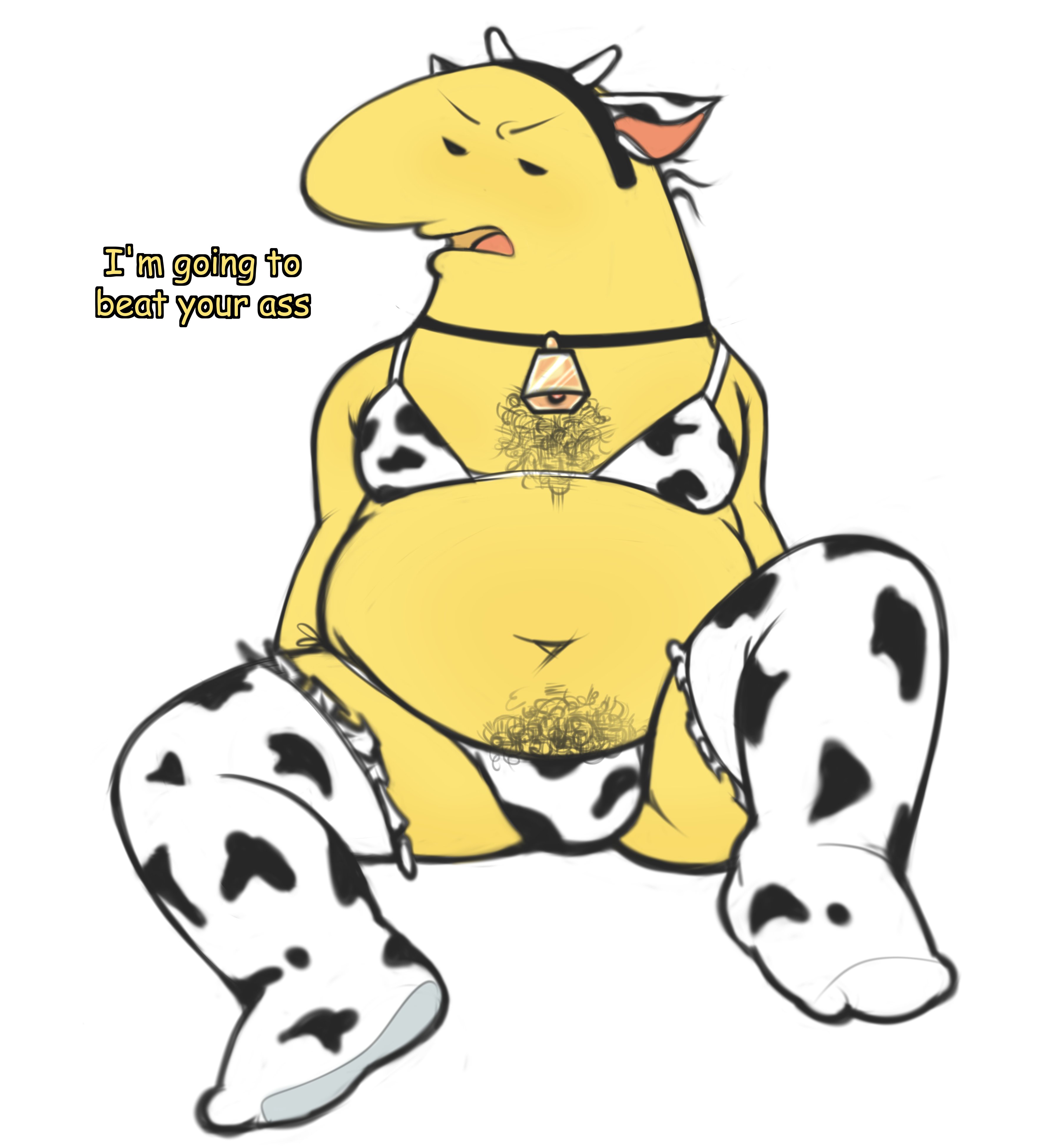 annoyed, charlie (smiling friends), chest hair, collar, cow print, cow print bikini, cowbell, imentallyunwell, male, male only, overweight, overweight male, pubes, skimpy, smiling friends, solo male, threat, yellow skin