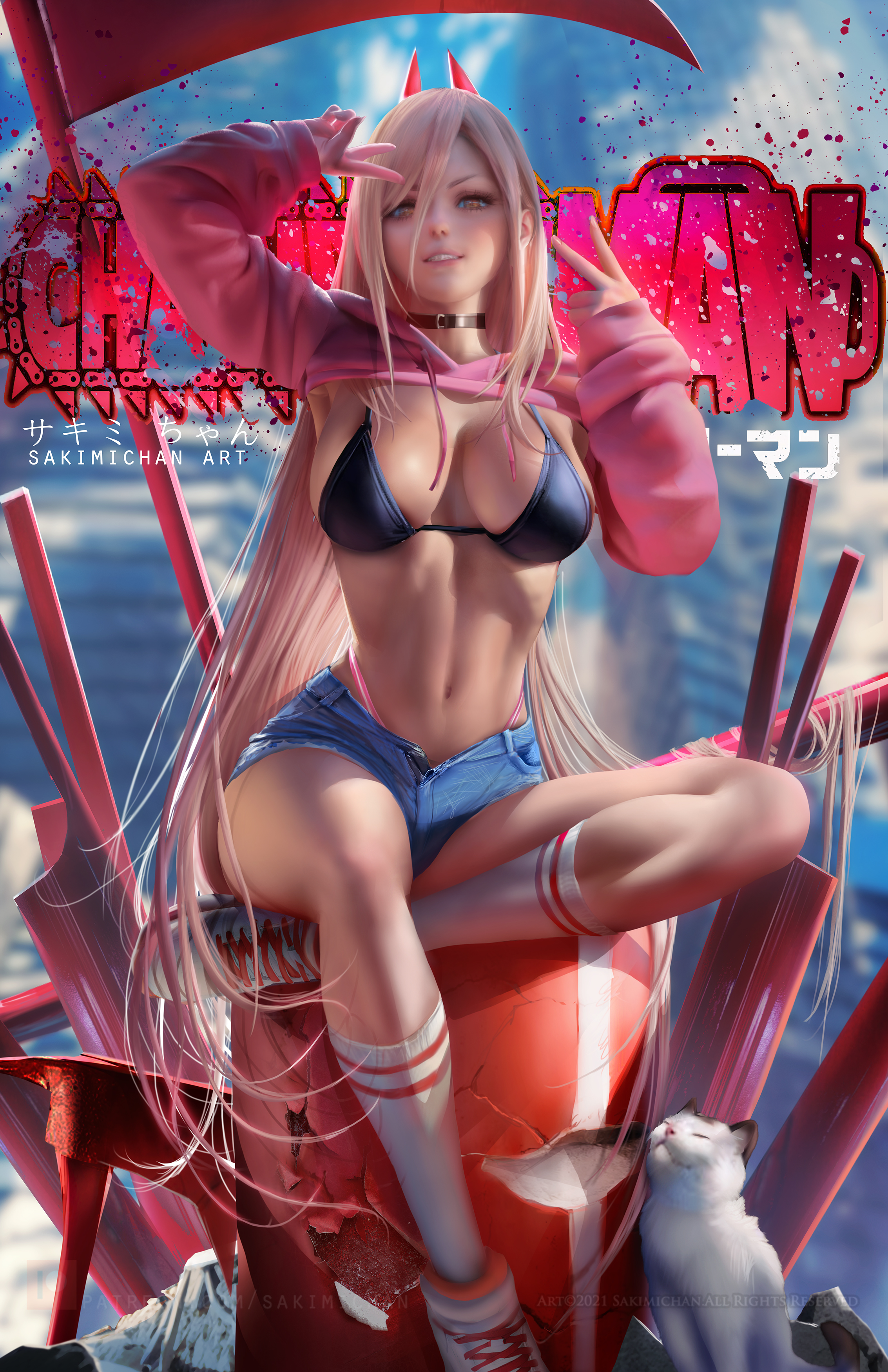 1girls, big breasts, bikini bottom, bikini top, blonde hair, booty shorts, breasts, chainsaw man, choker, demon, demon girl, feline, female, grin, high socks, horns, jean shorts, long hair, meowy (chainsaw man), peace sign, power (chainsaw man), sakimichan, short shorts, shorts, smile, top lift, weapon, yellow eyes