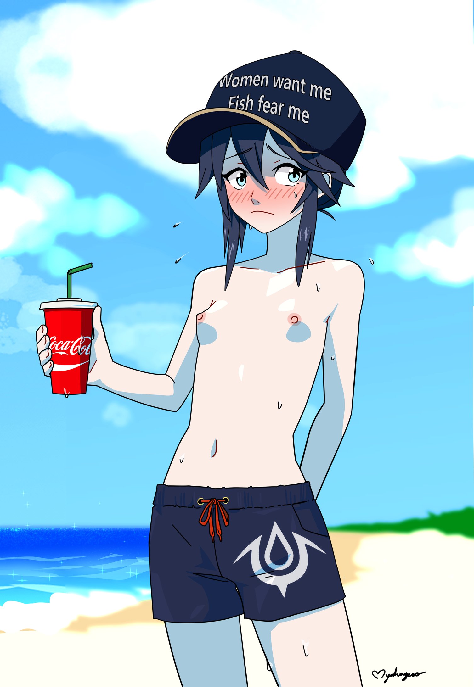 1girls, beach, blue eyes, blue hair, blush, breasts, coca-cola, embarrassed, female, female only, fire emblem, fire emblem awakening, hat, lucina (fire emblem), maho malice, male, male swimwear challenge, myahogao, nintendo, short hair, small breasts, solo, swimsuit, topless, women want me fish fear me