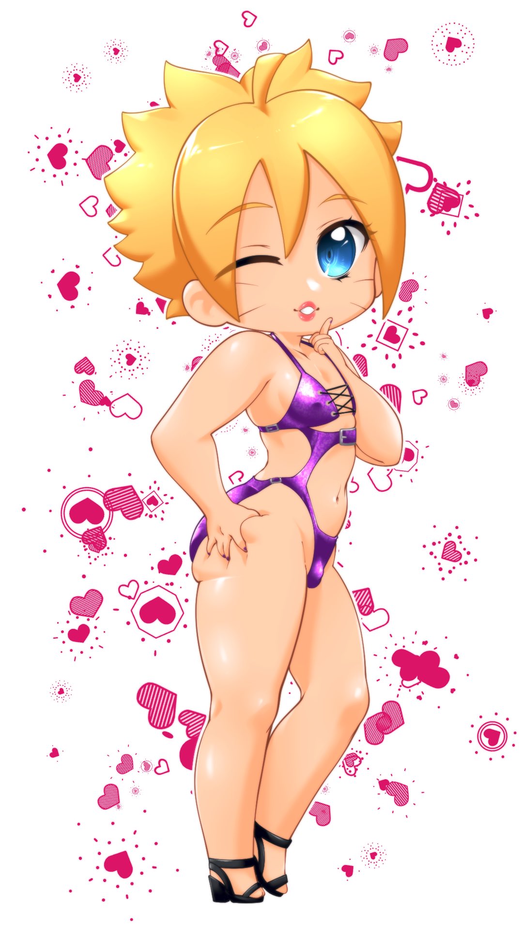 1boy, alternate version at source, ass, ass focus, ass grab, bare arms, bare legs, bare shoulders, big ass, big breasts, big butt, blonde hair, blue eyes, boruto: naruto next generations, breasts, bulge, chibi, clothed, clothing, crossdressing, cute, erect nipples, erect nipples under clothes, erect nipples under swimsuit, facial markings, feet, femboy, femboy only, feminine male, feminization, finger to mouth, footwear, full body, girly, grabbing own ass, hair over one eye, hand on ass, heels, hi res, high heels, high resolution, highres, human, large ass, light skin, lingerie, lips, lipstick, looking at viewer, makeup, male, male only, micropenis, mostly nude, nail polish, naruto, naruto (series), nipple bulge, nipples, one eye closed, one-piece swimsuit, painted nails, parted lips, penis, petite, pink lips, pink lipstick, pinup, puckered lips, purple nail polish, purple nails, purple swimsuit, revealing clothes, revealing swimsuit, rule 63, sexy no jutsu, short hair, shounen jump, sissy, small penis, solo, solo femboy, solo focus, solo male, standing, suiren ciao, swimsuit, thick thighs, thighs, tiny penis, trap, uzumaki boruto, voluptuous, whisker markings, whiskers, wink, yellow hair