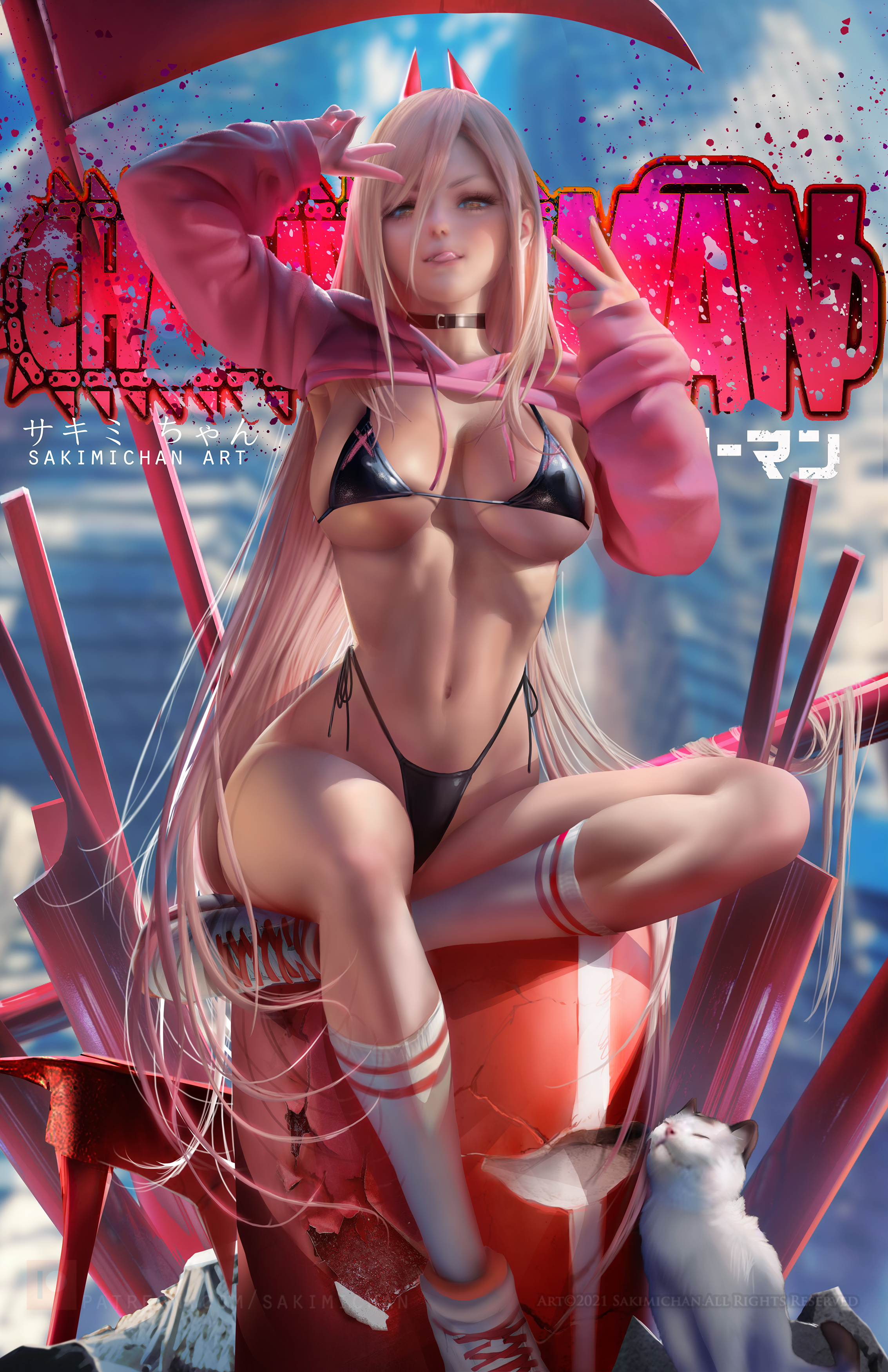 1girls, big breasts, bikini, bikini bottom, bikini top, black bikini, blonde hair, booty shorts, breasts, chainsaw man, choker, demon, demon girl, feline, female, female only, high socks, horns, long hair, meowy (chainsaw man), micro bikini, peace sign, power (chainsaw man), revealing clothes, sakimichan, smile, tongue, tongue out, top lift, weapon, yellow eyes