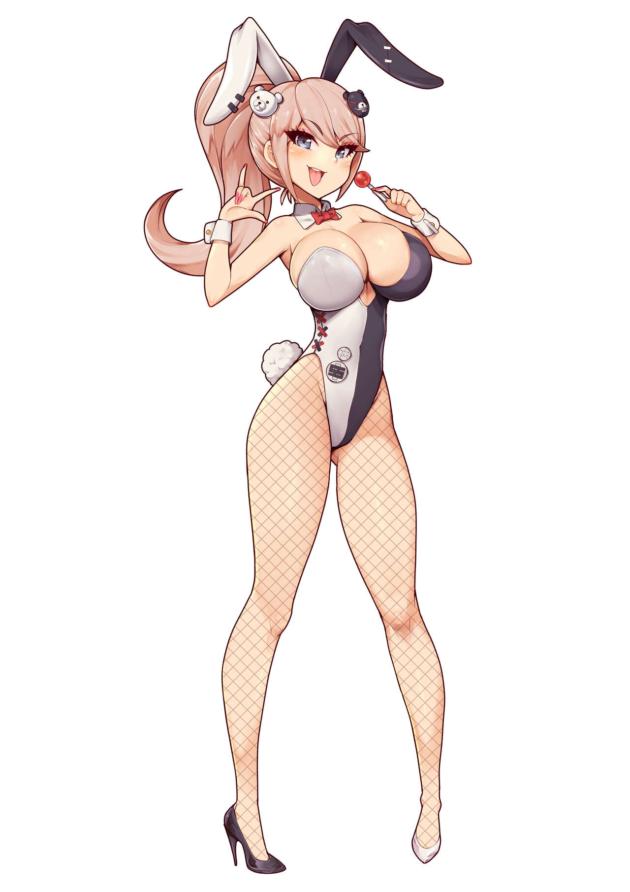 alternate_version_available breasts bunny_ears bunny_girl bunnysuit cleavage danganronpa danganronpa:_trigger_happy_havoc danganronpa_1 female_only high_heels huge_breasts junko_enoshima large_breasts lollipop no_background straight_hair thighs virus-g