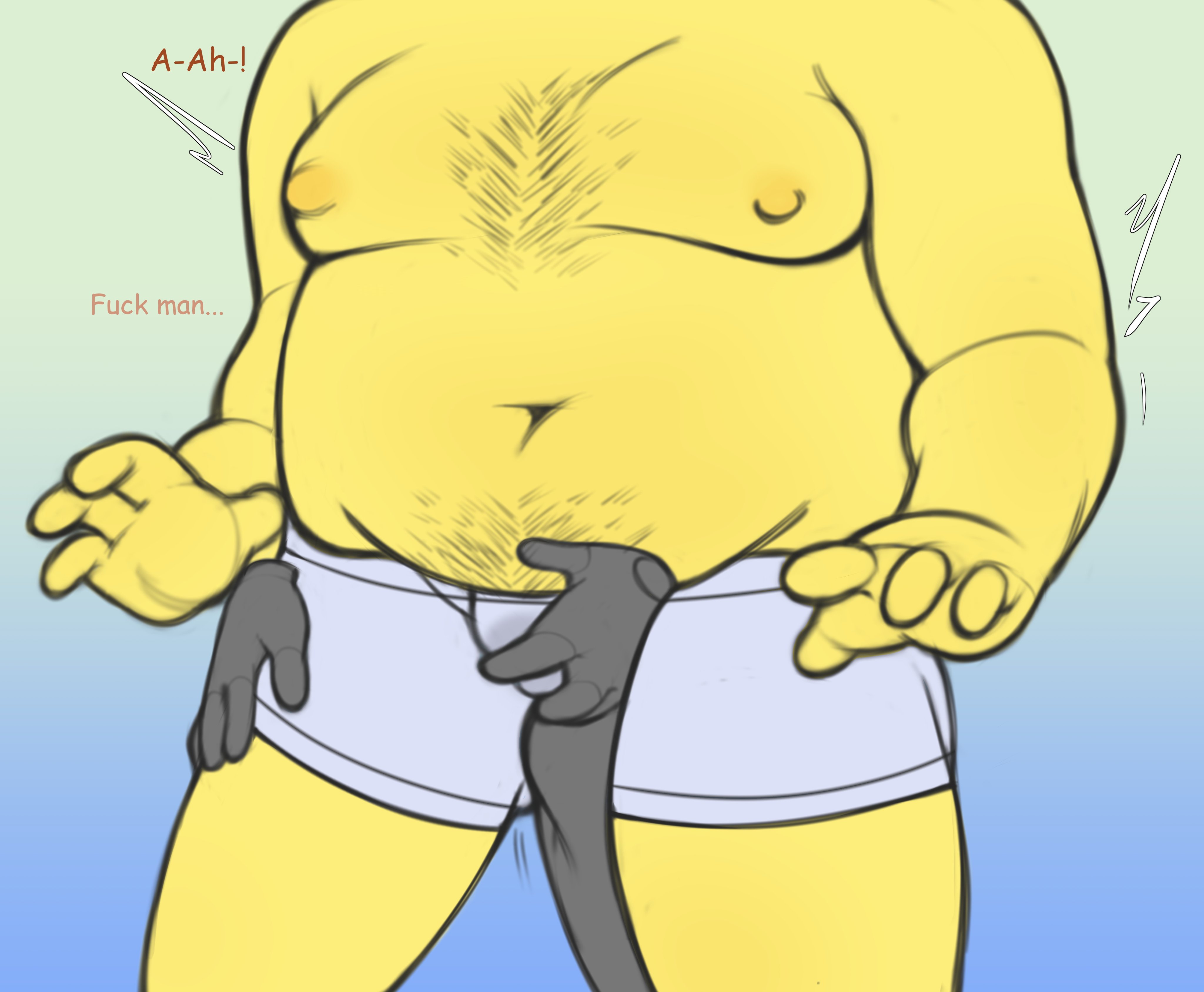 body hair, bulge, charlie (smiling friends), chest hair, crotch grab, disembodied hand, english text, imentallyunwell, imminent sex, male, male only, moobs, slightly chubby, smiling friends, solo male, text, yellow skin